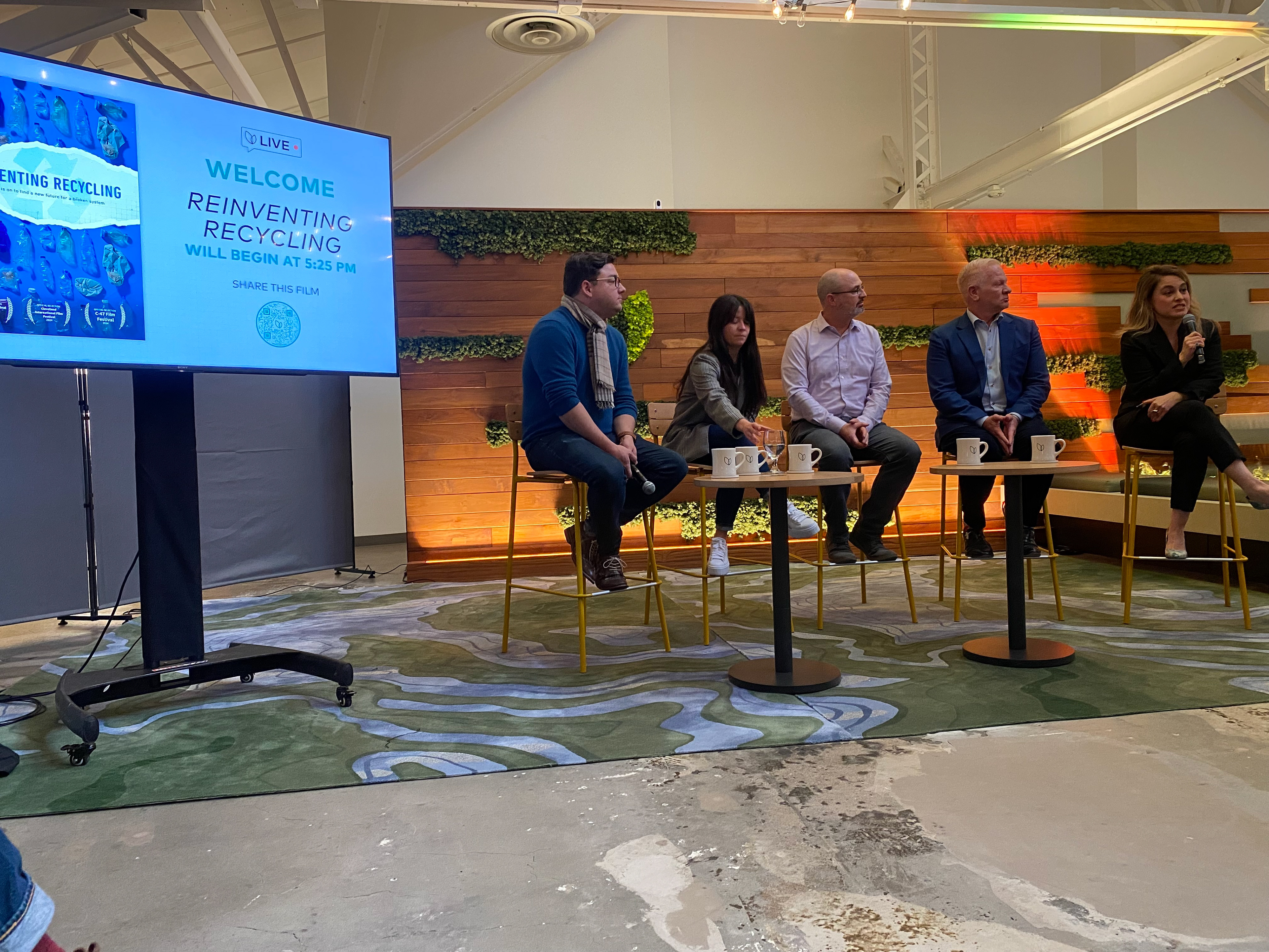 "Reinventing Recycling" filmmaker Jay Windland with a panel of reps from the NREL, The Ocean Plastics Recovery Project, and Brightmark founder/CEO Bob Powell.