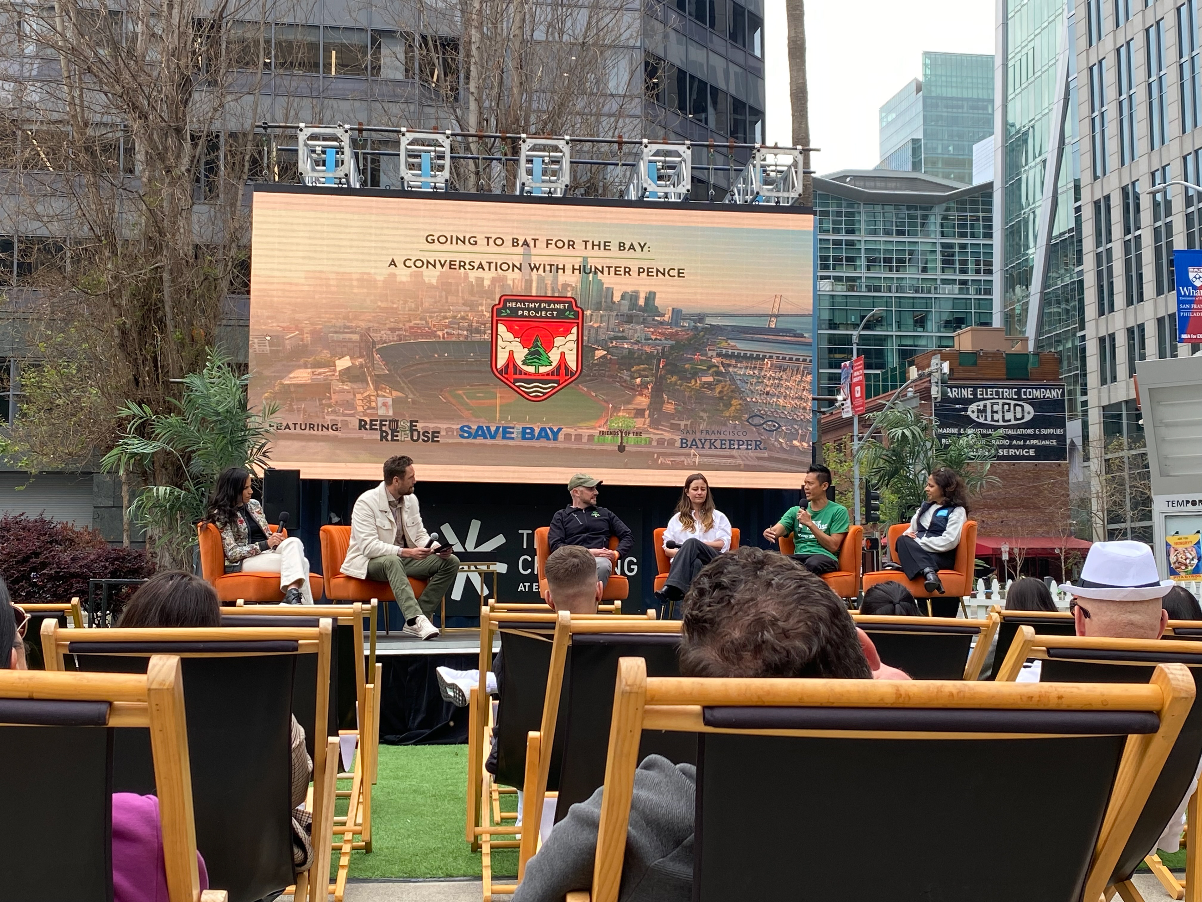 Hunter and Lexi Pence hosting a panel with reps from Save the Bay, Friends of the Urban Forest, Refuse Refuse, and San Francisco Baykeeper. Event - Going to Bat for the Bay: A Climate Coversation with Hunter Pence