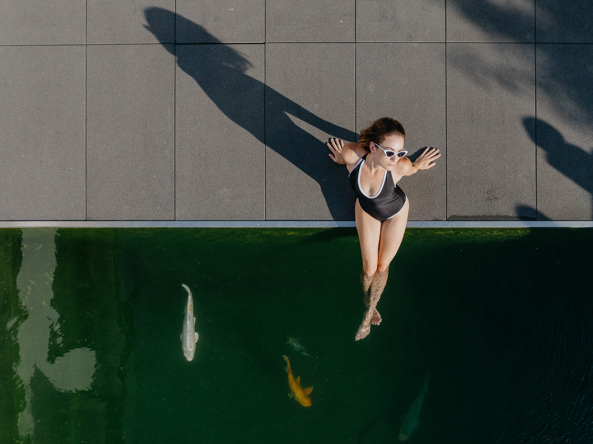 Luftaufnahme einer Frau in einem schwarzen Badeanzug mit weißen Rändern, die am Rand eines dunklen, grünen Pools sitzt. Ihre Beine hängen im Wasser, während Koi-Fische unter ihr schwimmen. Sie trägt eine Sonnenbrille und lehnt sich mit beiden Armen nach hinten auf den Steinboden. Die Sonne wirft einen langen Schatten ihres Körpers auf die grauen Fliesen.