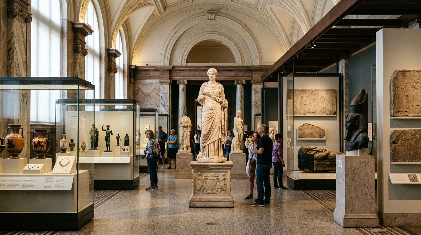 Museum — AI-generated cultural institution interior. Adobe Firefly generative workflow with Photoshop refinement. Demonstrates architectural scale, natural light handling, and atmospheric environment creation.