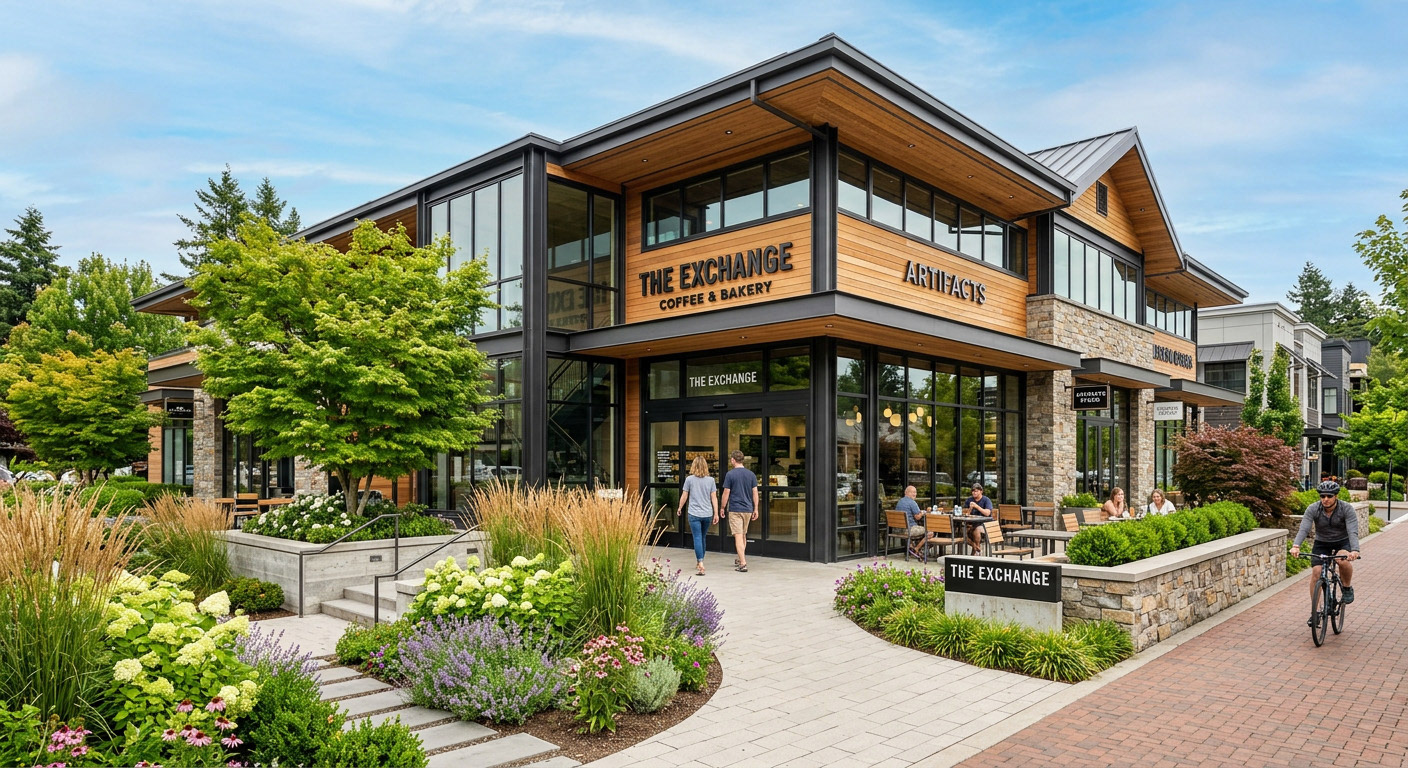 The Exchange — AI-generated commercial retail exterior. Adobe Firefly generative workflow with Photoshop post-production refinement. Demonstrates prompt-directed environmental visualization, natural lighting composition, and human-scale integration.