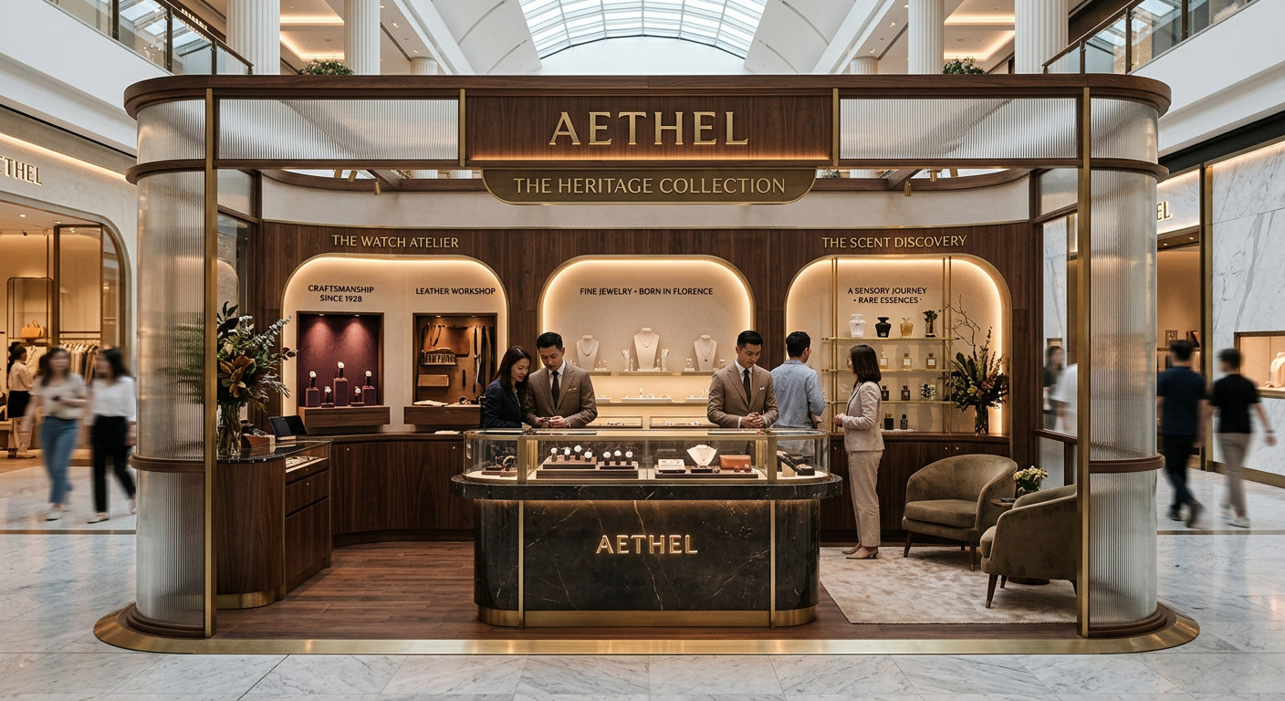 Aethel Kiosk — AI-generated luxury retail kiosk visualization. Adobe Firefly generative workflow with Photoshop refinement. Demonstrates premium material rendering, ambient lighting direction, and brand environment storytelling.