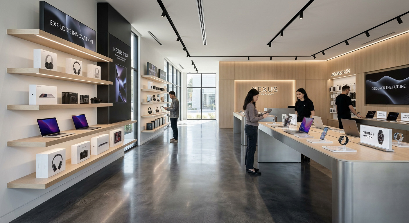 Tech Store — AI-generated technology retail environment. Adobe Firefly generative workflow with Photoshop post-production. Demonstrates contemporary retail spatial design and clean lighting composition.