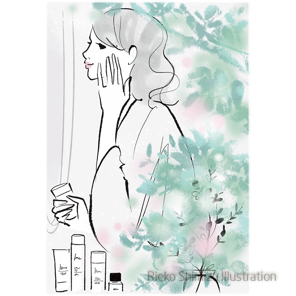 スキンケアをする女性イラスト