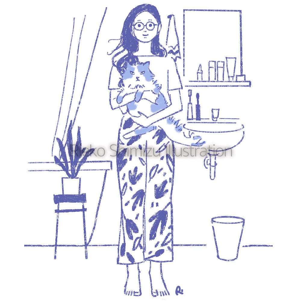 猫と生活する女性のイラスト