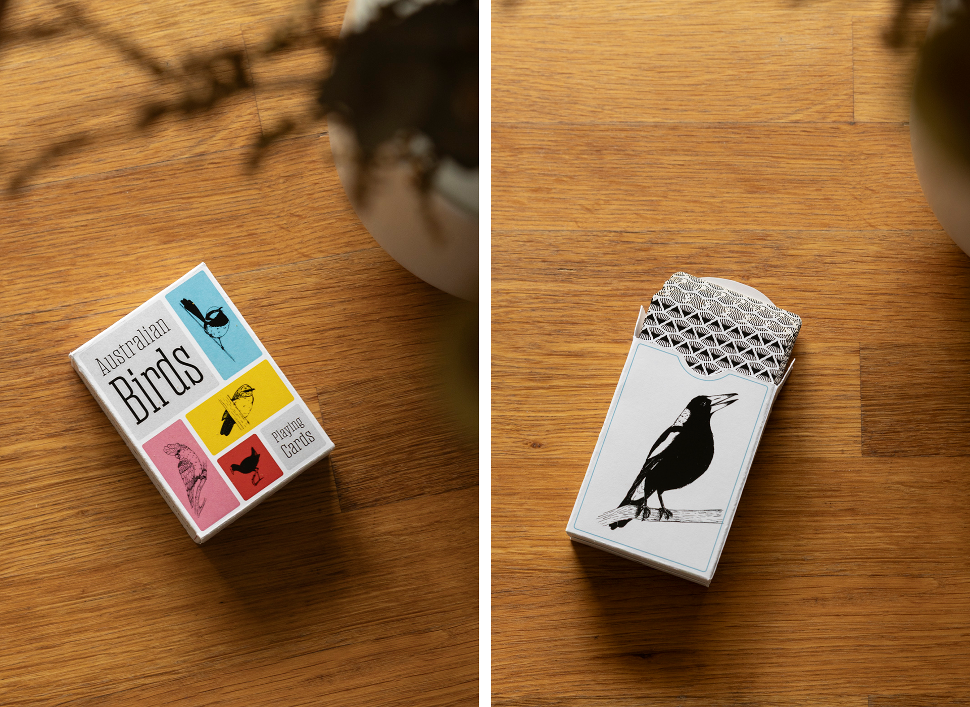 Two photos arranged side by side showing the front and back of the deck box on a wooden table. The front of the packaging features several of the bird illustrations, while the back features the Australian Magpie.