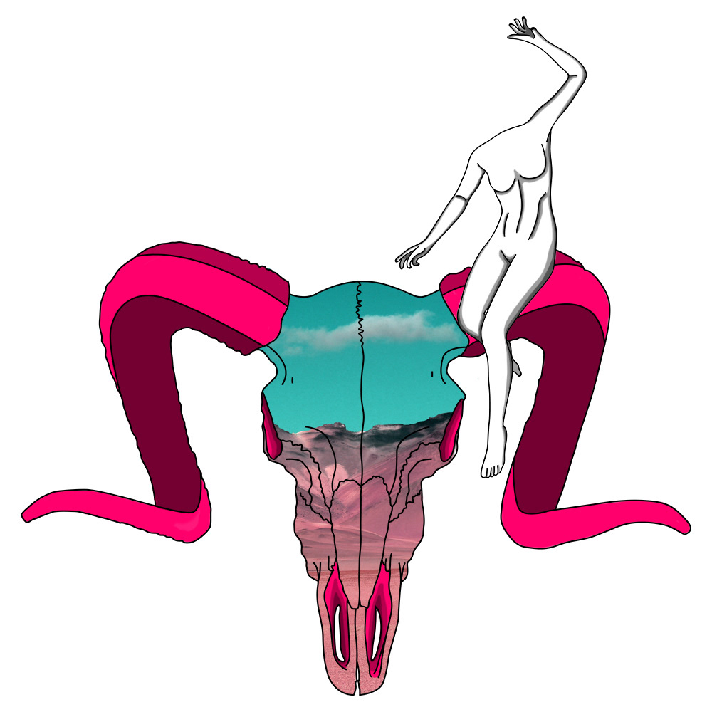 An illustration of a figure posing on a ram skull.