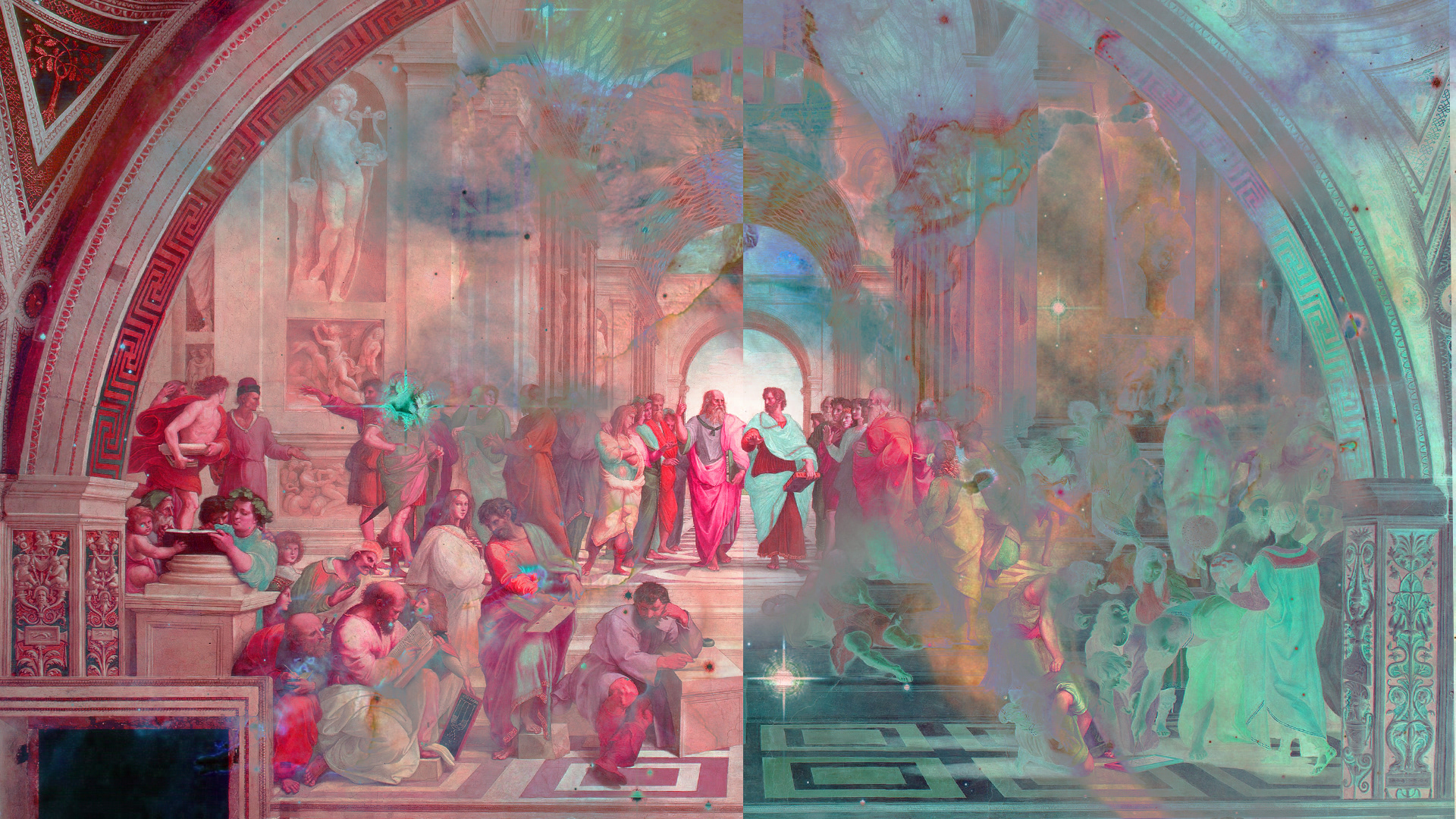 A desktop wallpaper depicting Raphael's School of Athens within spacey clouds.