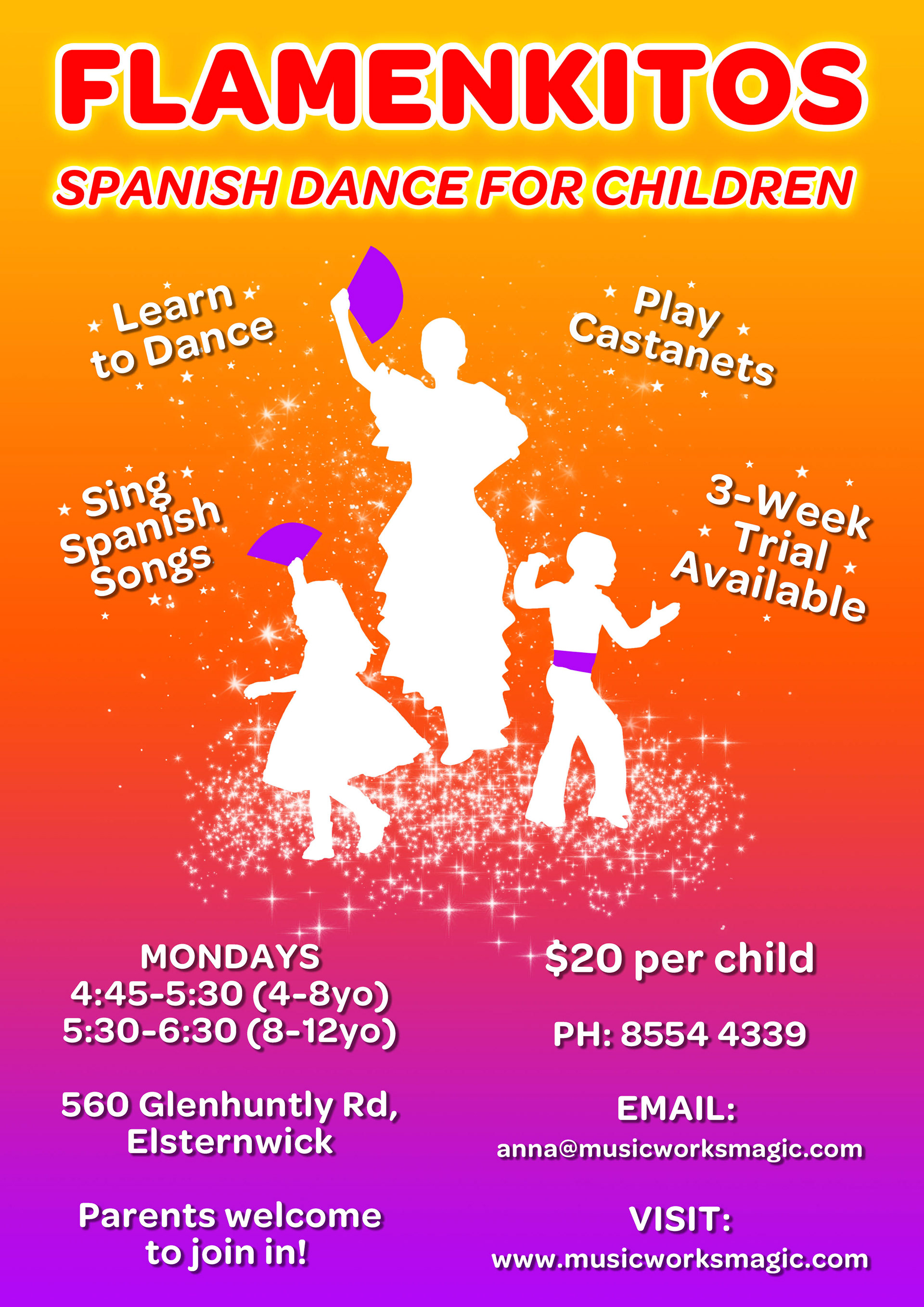 Poster to promote flamenco dancing lessons.