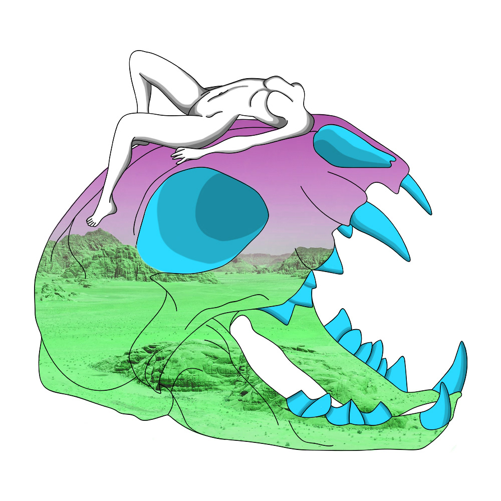 An illustration of a figure posing on a cat skull.