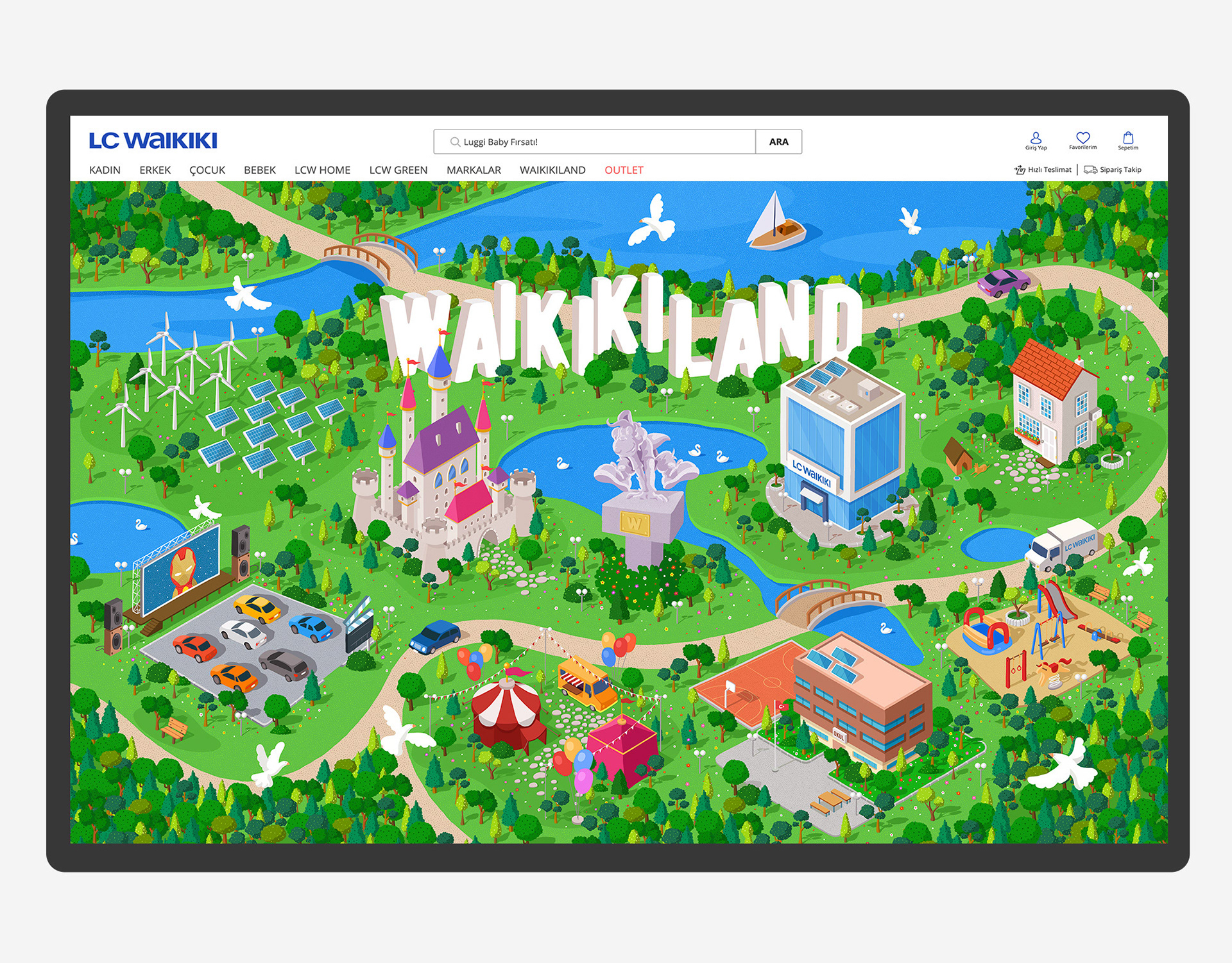 Illustrated Waikikiland map on the LC Waikiki website, back-to-school campaign
