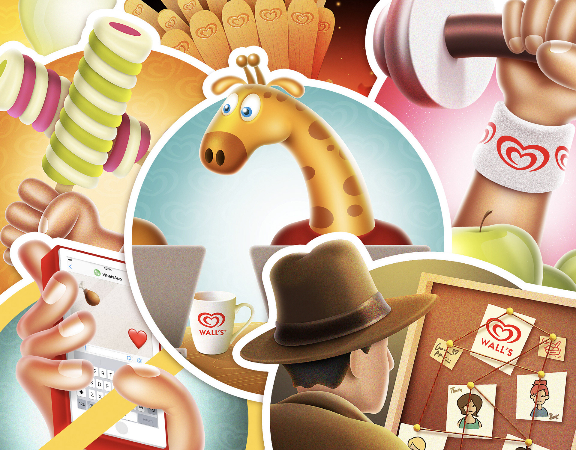 	Collage of Wall’s sticker illustrations: giraffe, detective, ice creams and fitness