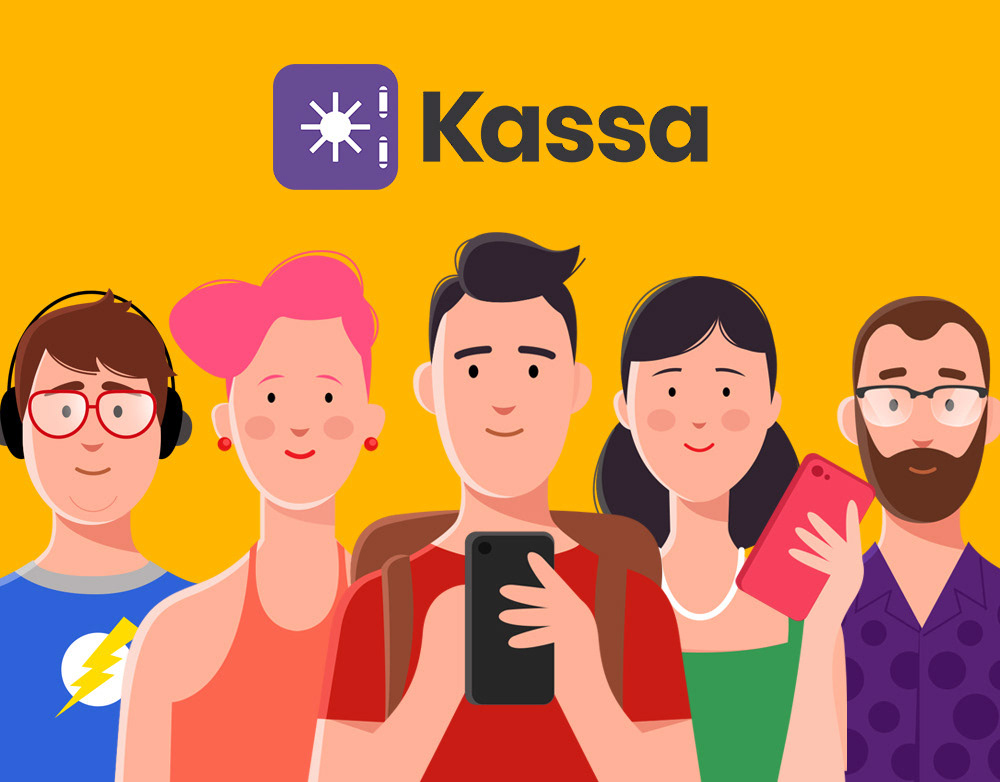 Five illustrated young characters with phones for the Kassa expense-sharing app, QNB Finansbank