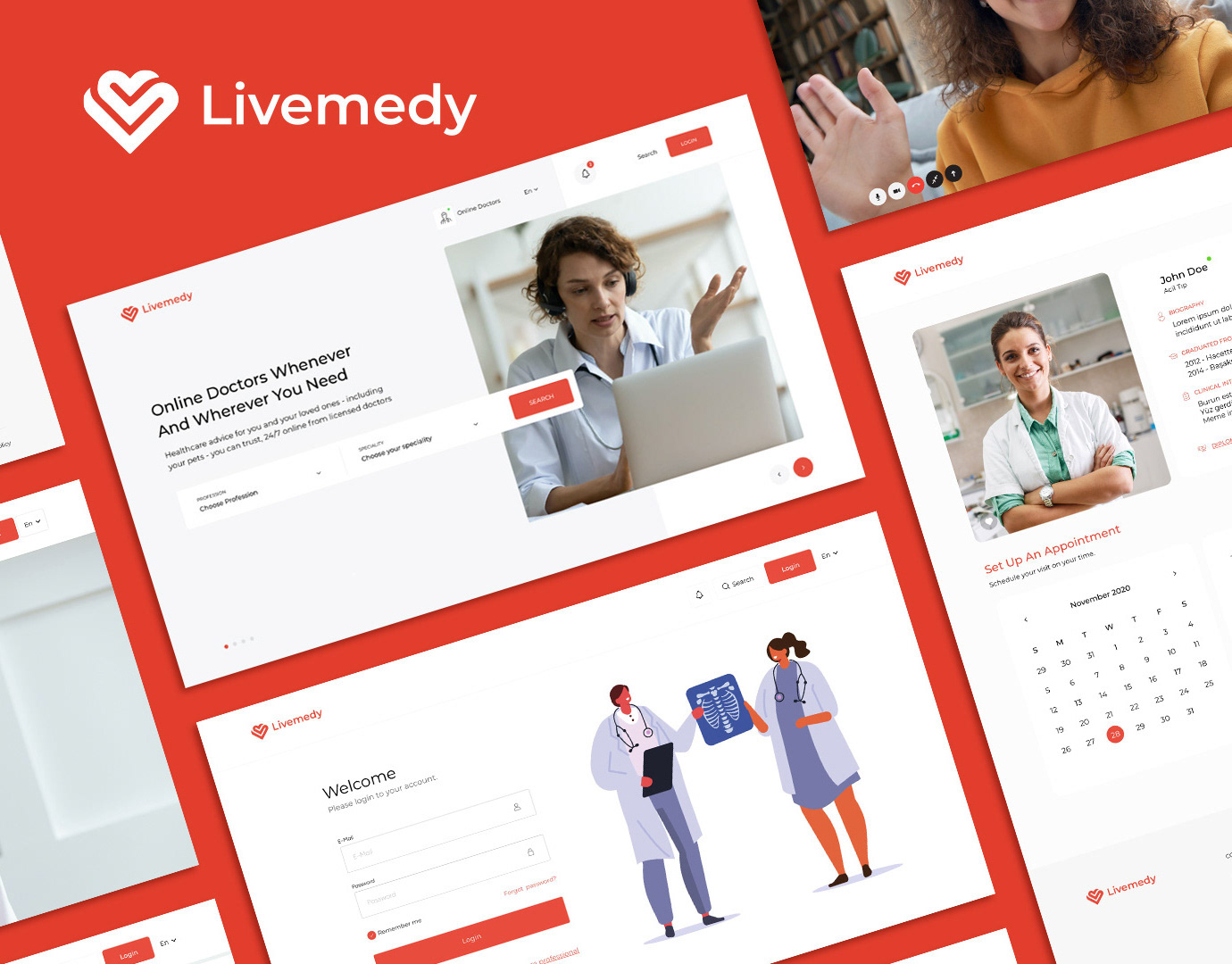 Livemedy website screens for booking online doctor appointments, UI/UX design