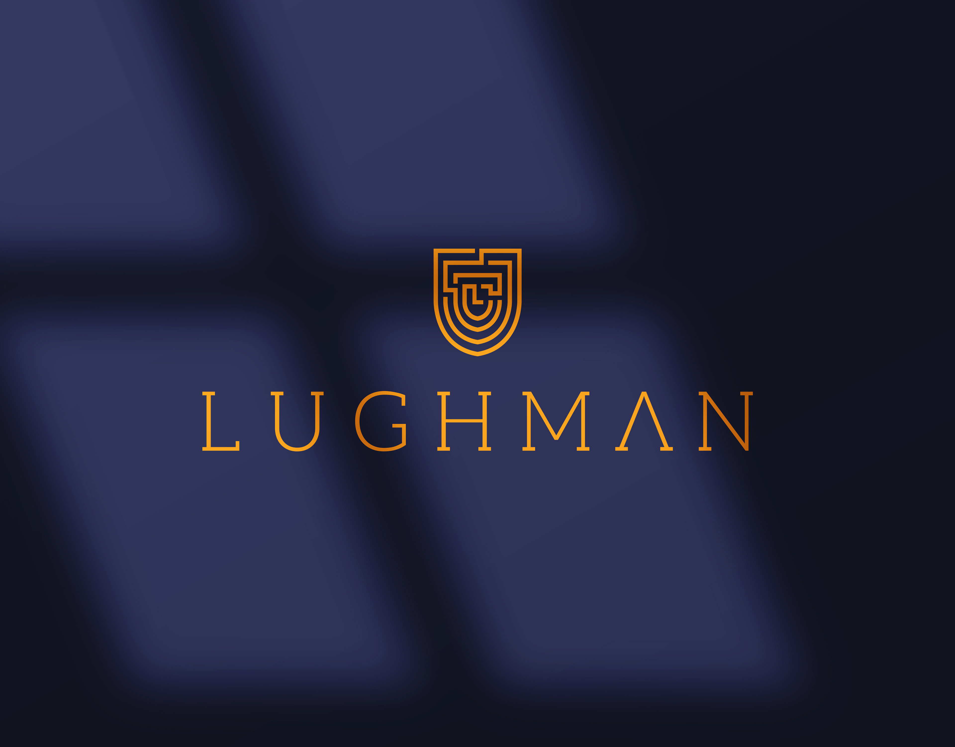 Gold Lughman logo and wordmark on a dark navy background, brand identity design