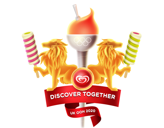 	“Discover Together” emblem with torch, lions and ice lollies, Wall’s UK OOH 2020