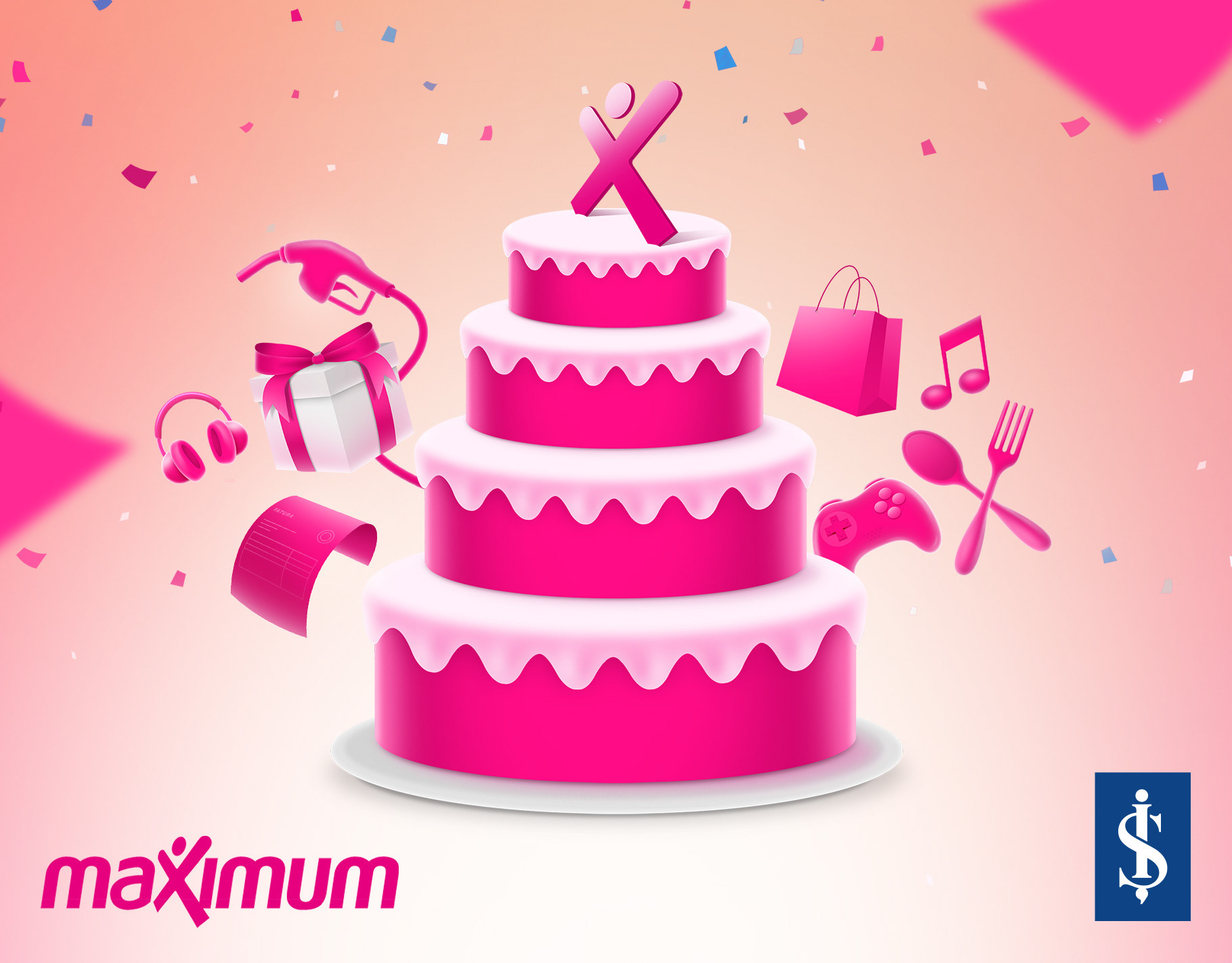 Pink birthday cake illustration for the 4th anniversary of the Maximum Mobil banking app, Is Bankasi