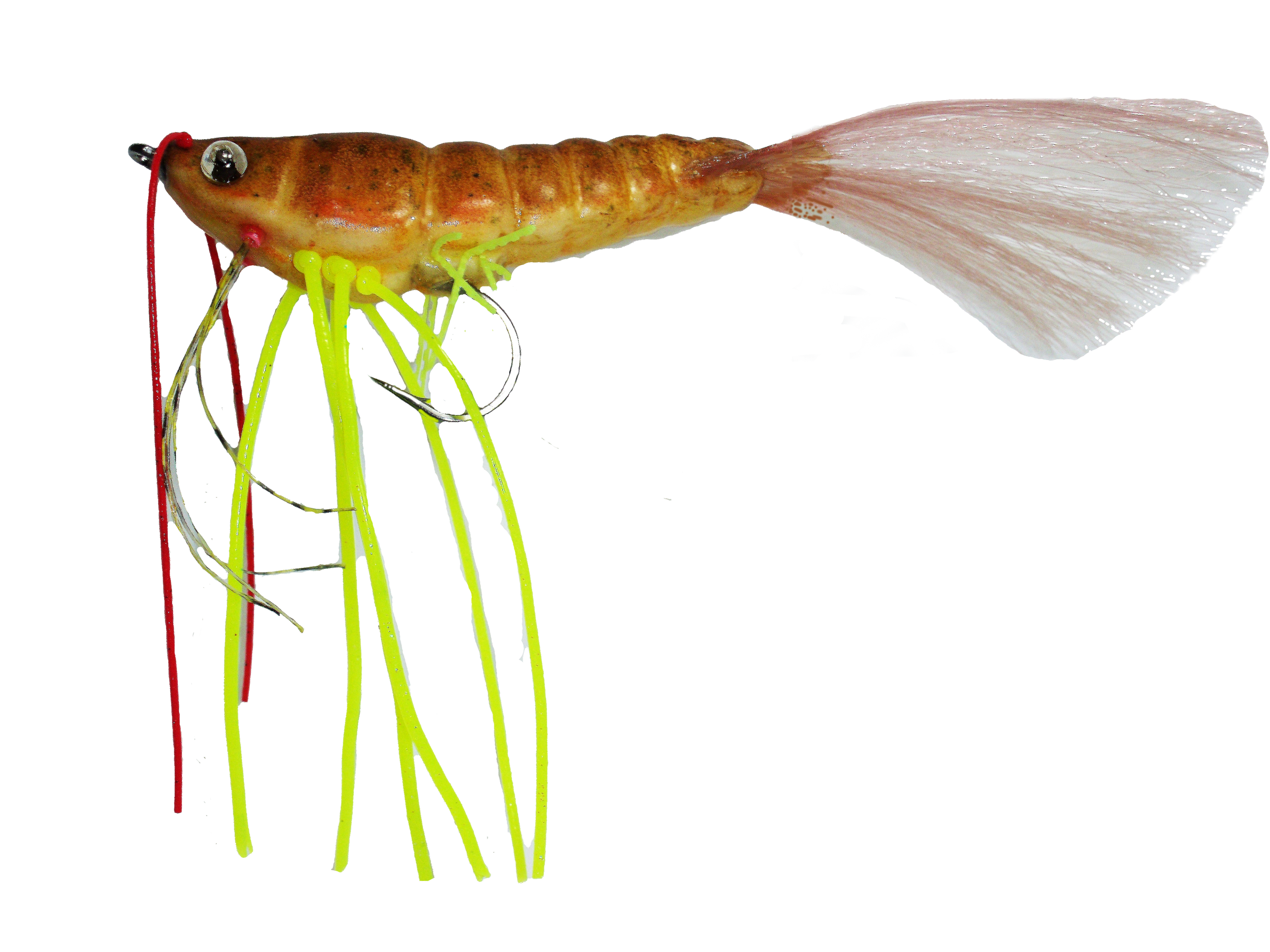 Photograph of a fishing lure designed to resemble a shrimp, featuring a segmented brown body, multiple yellow and red rubber legs, and a translucent pink tail. The lure includes a metal hook embedded in the body for catching fish.