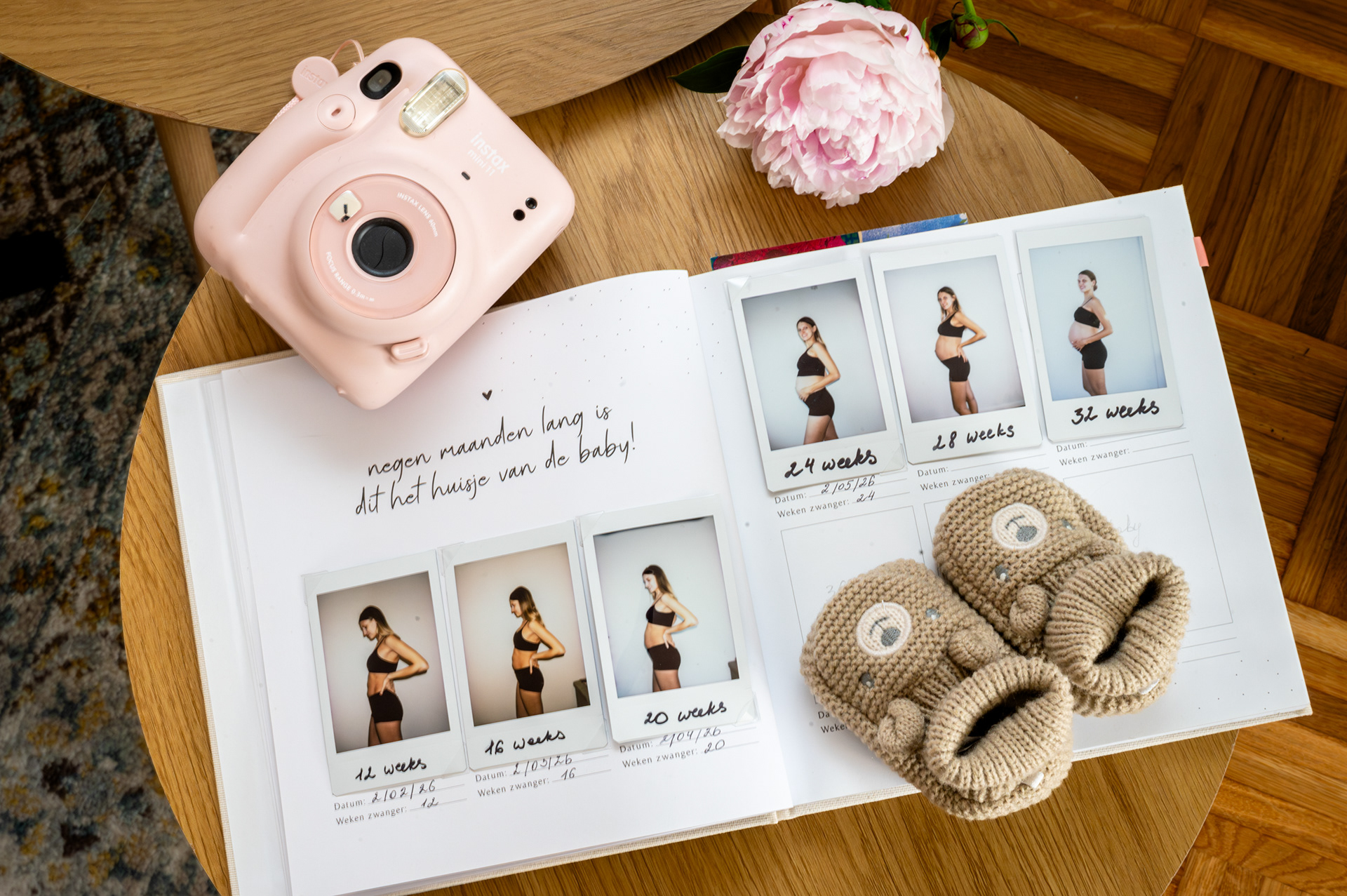 Pregnancy journal with instant photos by week and knitted baby booties