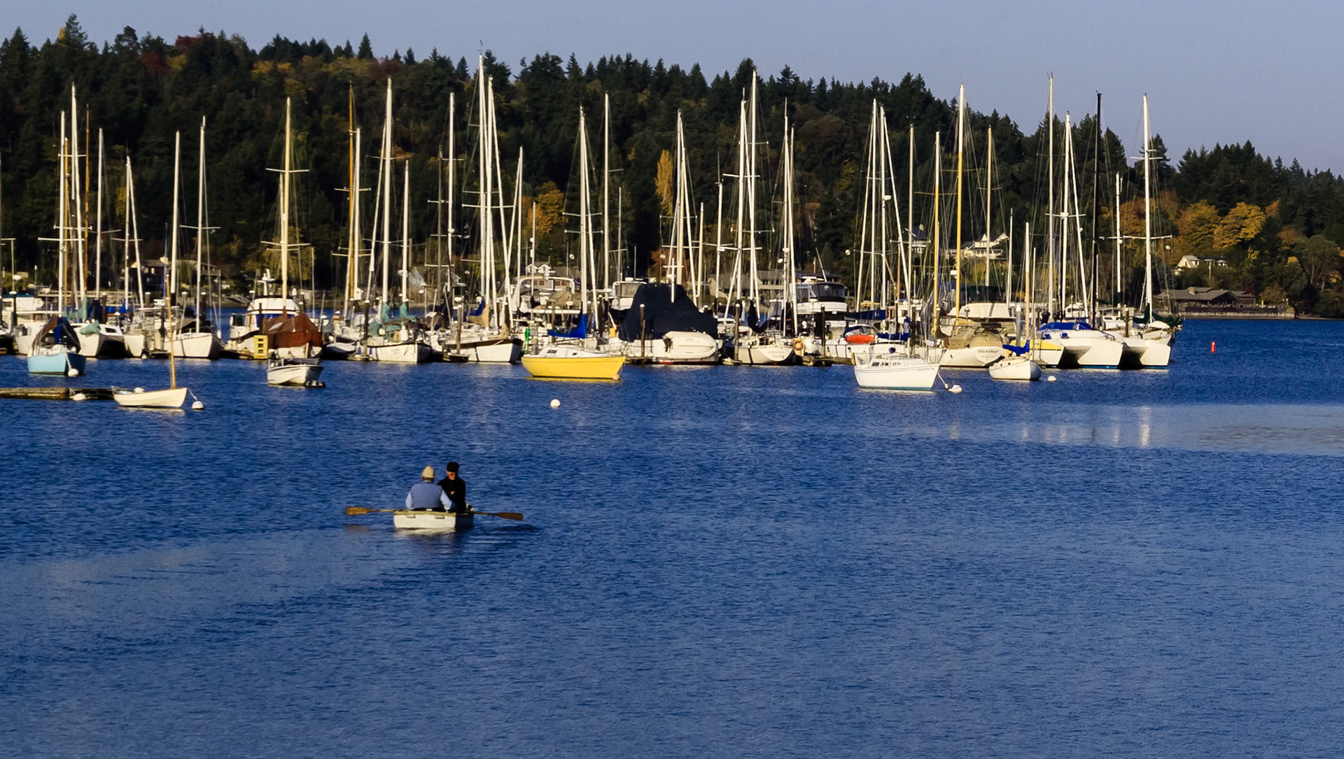 The marina at Burton, on Vashon Island. A couple row a dingy out to a vessel moored on a buoy.