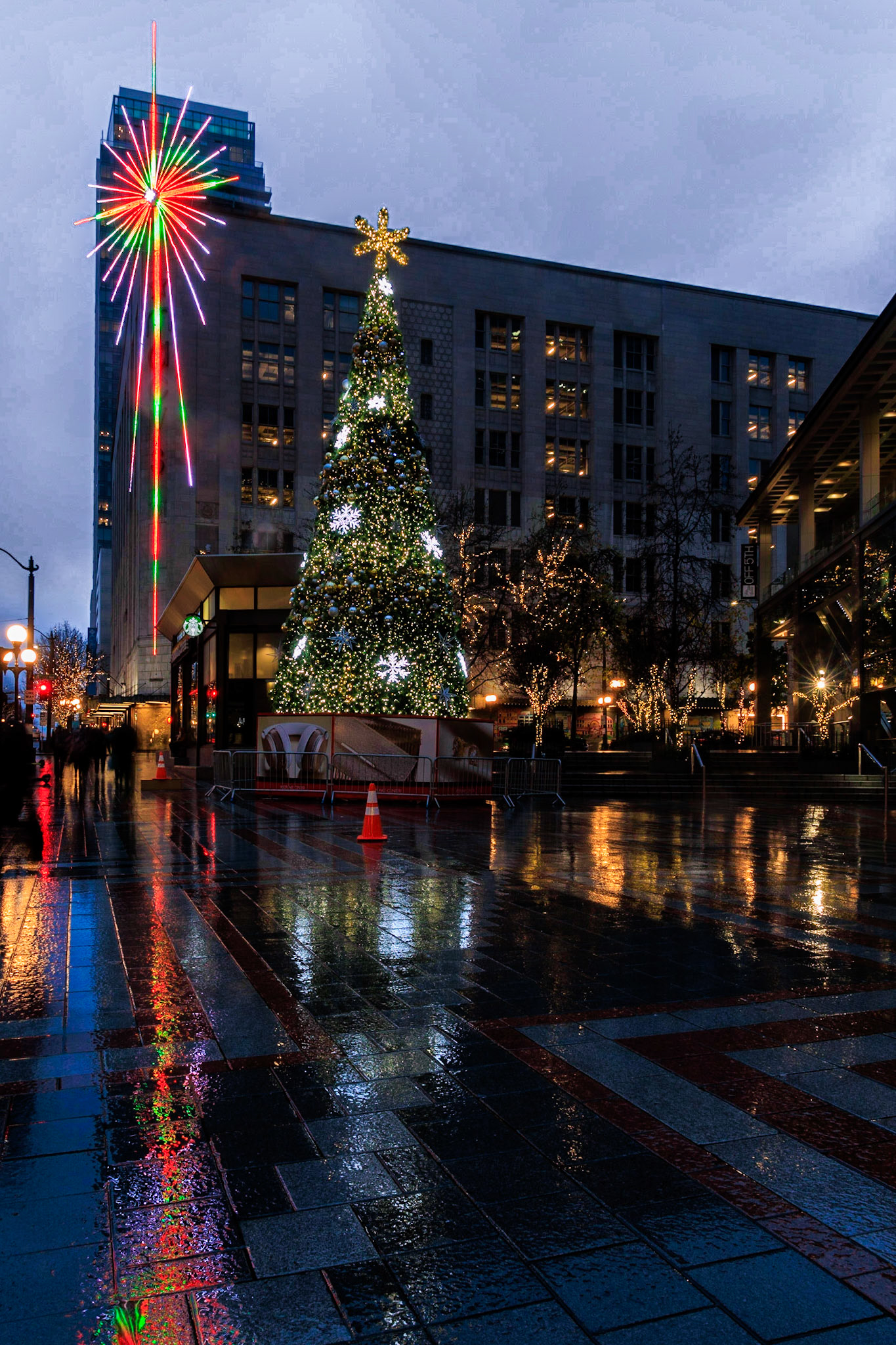 The Westlake Christmas Tree and the Macy's star light up the plaza as the year end celebrations begin.