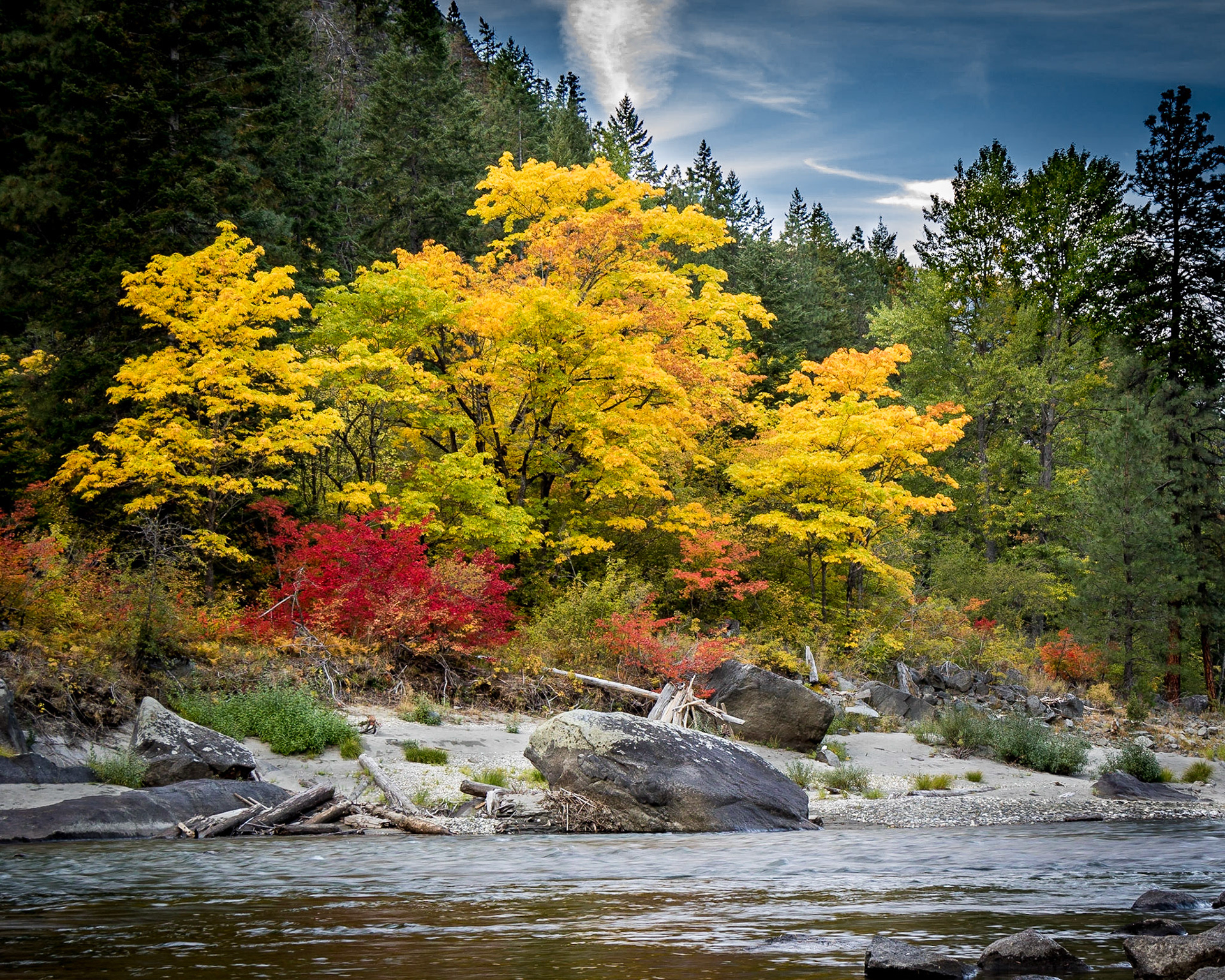 Reds, Oranges, Yellows against an emerald background. Northwest fall colors at their finest along the Wenatchee River in Tumwater Canyon