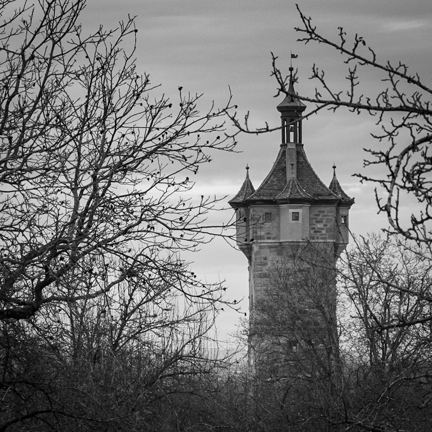 The Klingentorturm stands above the forest in Rothenburg ob der Tauber, a medival town in Germany's Bavaria.