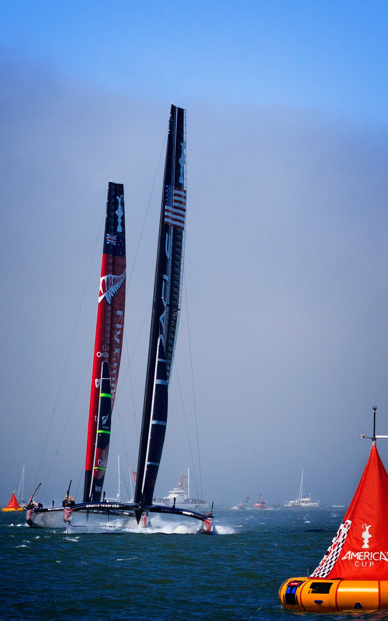 Fourth race, 2013 America's Cup in San Francisco Bay. Oracle, Team USA, finally gets it together with a winning finish.