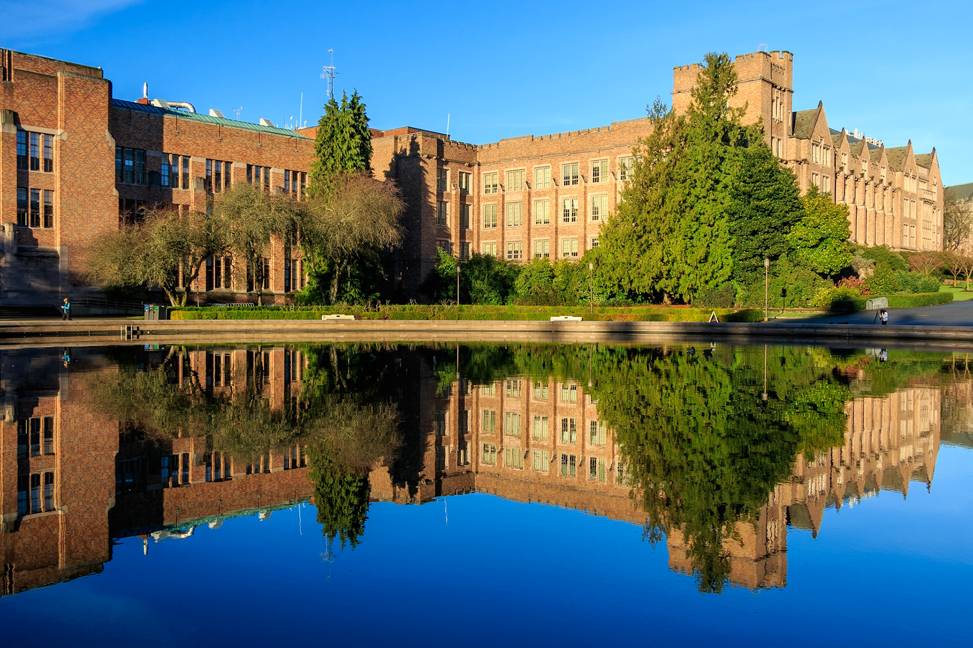 Mirror image reflected from the pond of the Drumheller Fountain at the University of Washington.