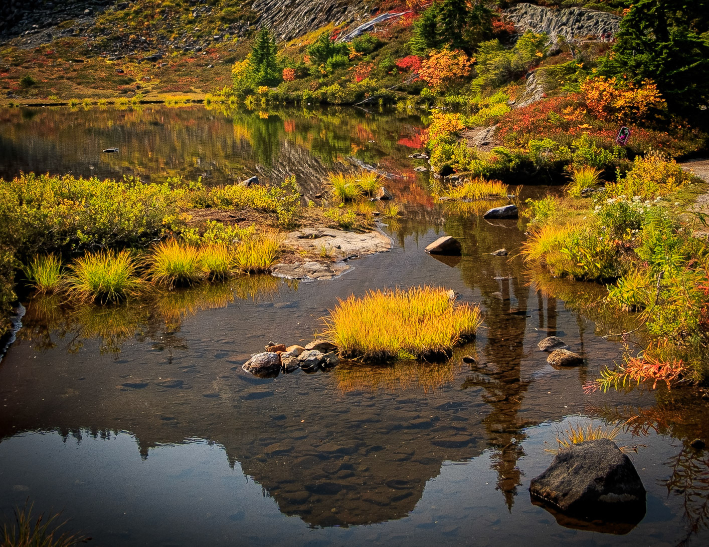 Table Mountain casts its reflection in Austin Pass Lake. How this small tarn was christened a lake, I can only imagine.The autumn colors and the reflection of the alpine fir in the lake caught my eye.