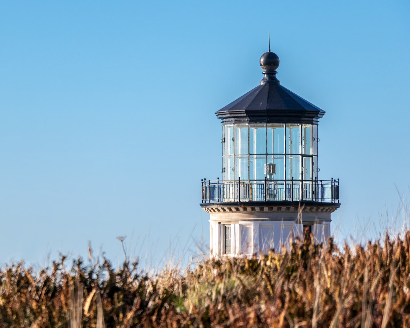 A fresh coat of paint adorns the cap of the North Head Lighthouse near Cape Disappointment
