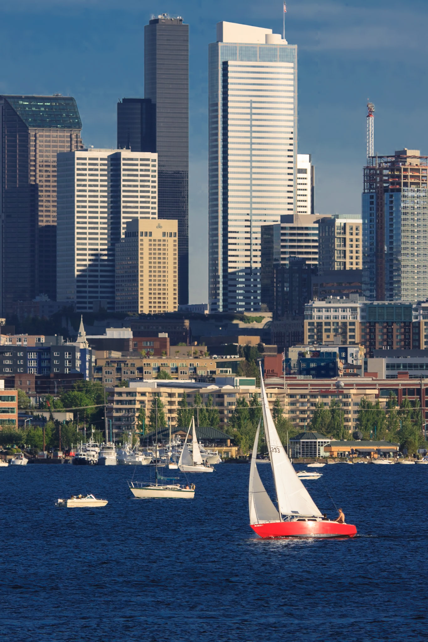 A Thunderbird slips through the waters of Lake Union with the Seattle skyline as a background.