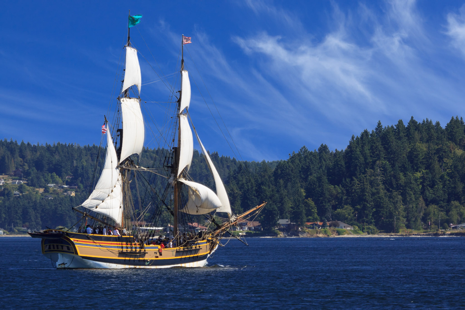 The Lady Washington is a tall ship that reqularly sails the bays, coves and inlets of Puget Sound. On this day, we caught her enjoying fair breezes in Sinclair Inlet, near Bremerton, WA.