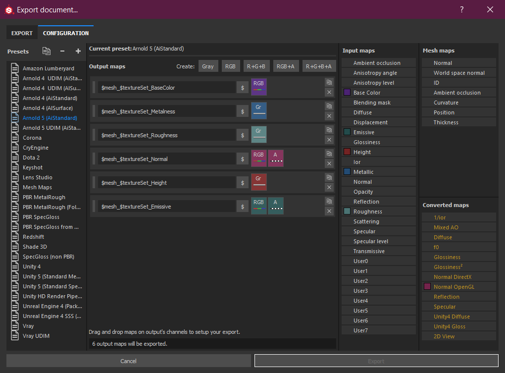Configuration: Setup for export presets. This tab does not need to be modified when exporting textures unless customizing a preset.