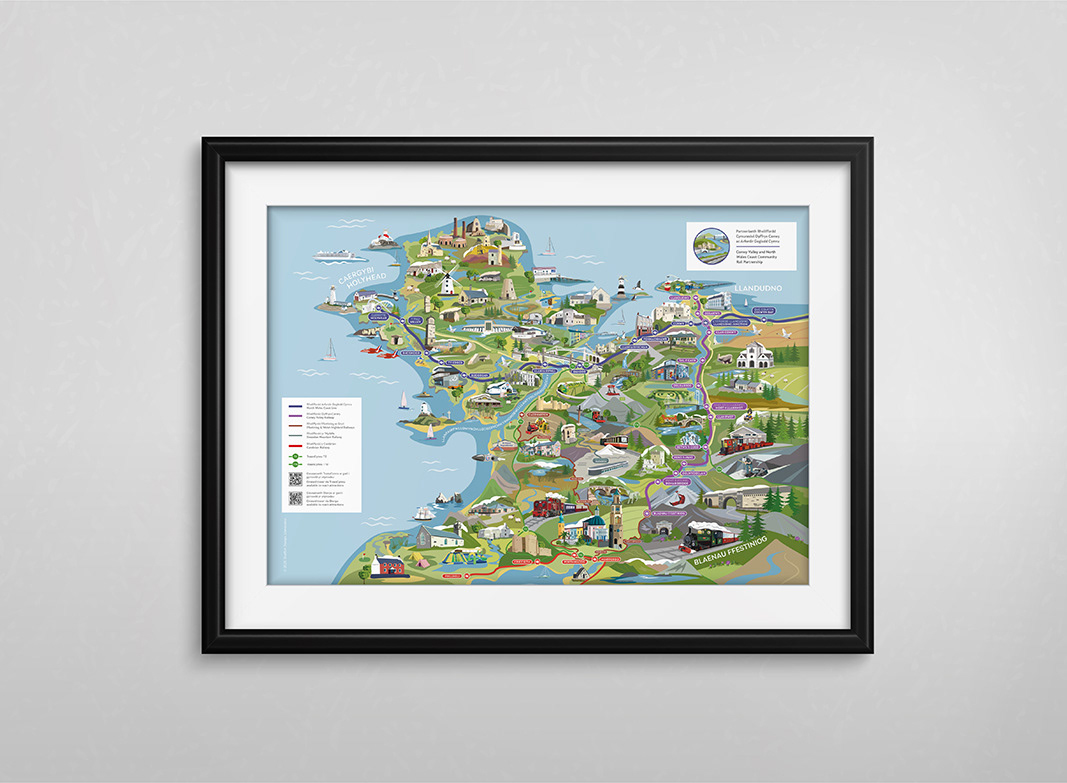 Conwy, Anglesey and Gwynedd illustrated railway map