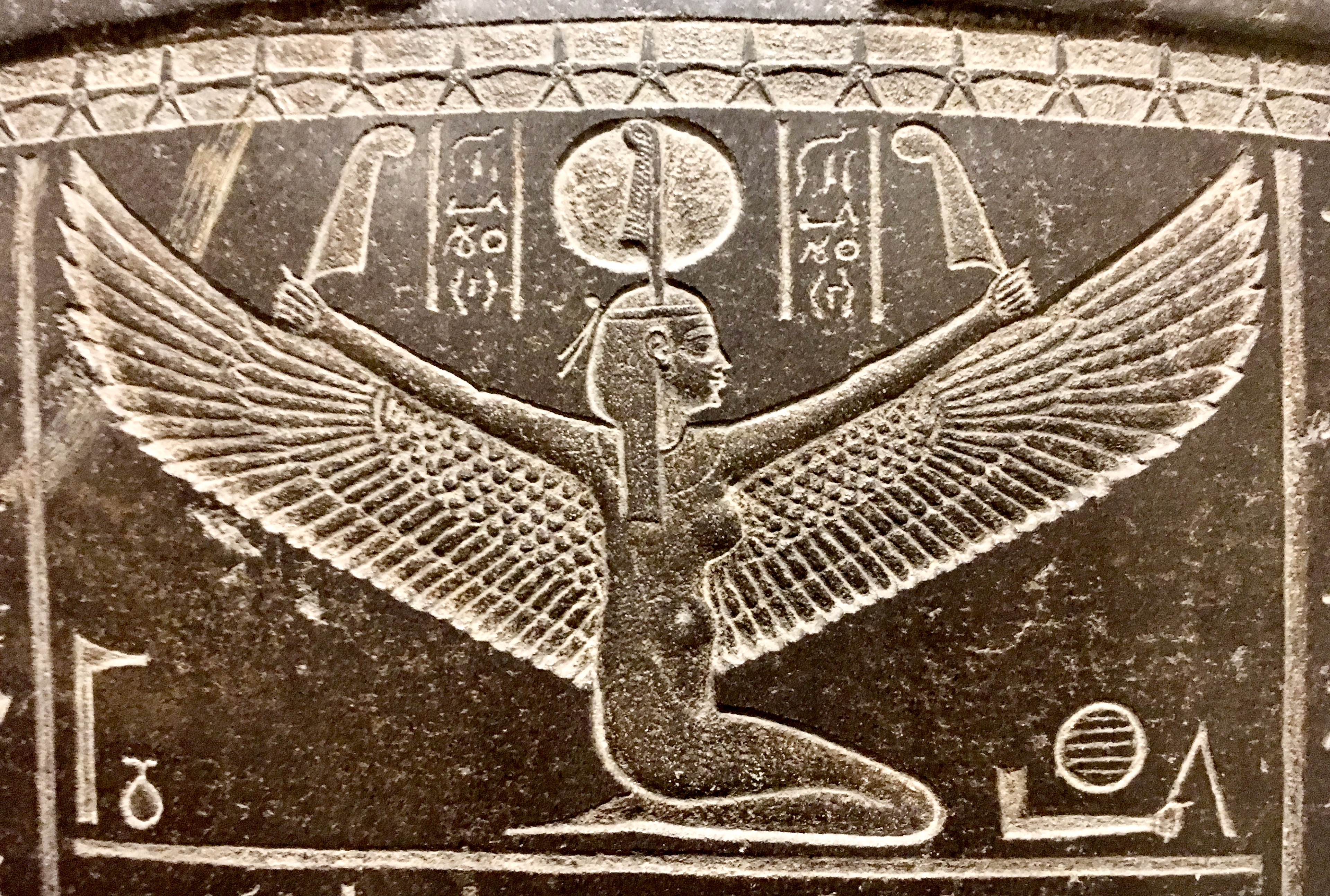Ma’at on a cover of a Sarcophagus. Old Egyptian Museum, Cairo, Egypt.