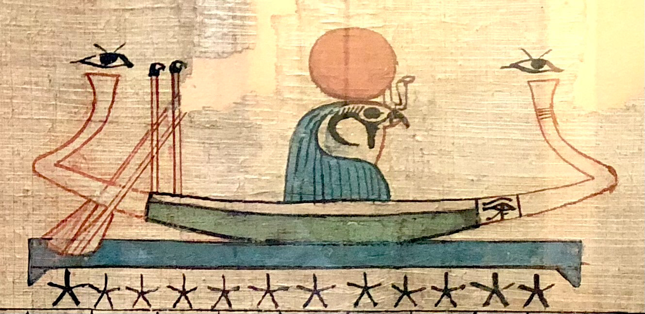 Re in the Sun Barge moving through the sky of Nuit on a papyrus in the British Museum, London.