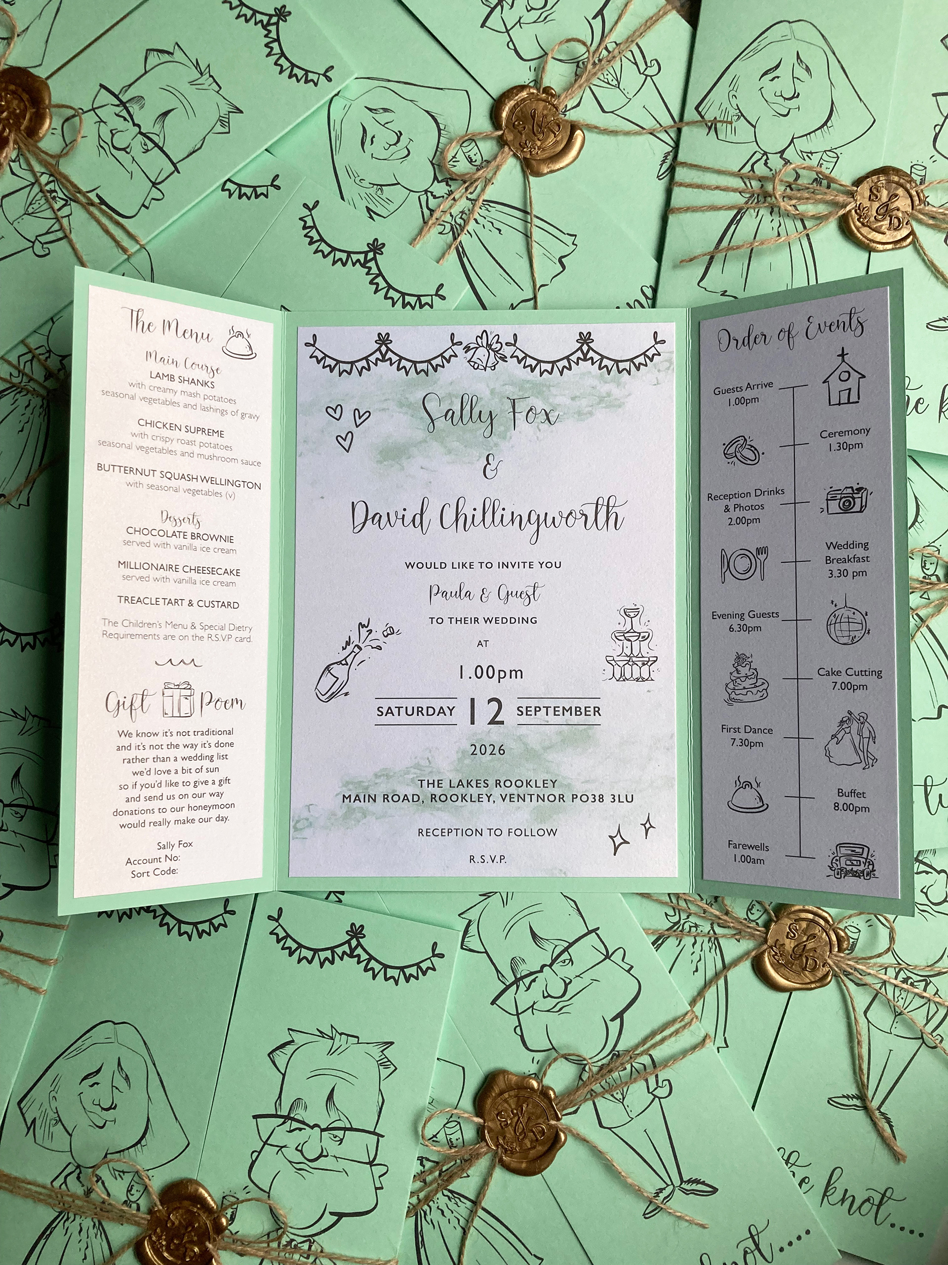 Open A5 Gate Fold Caricature Wedding Invitation with gold wax seals
