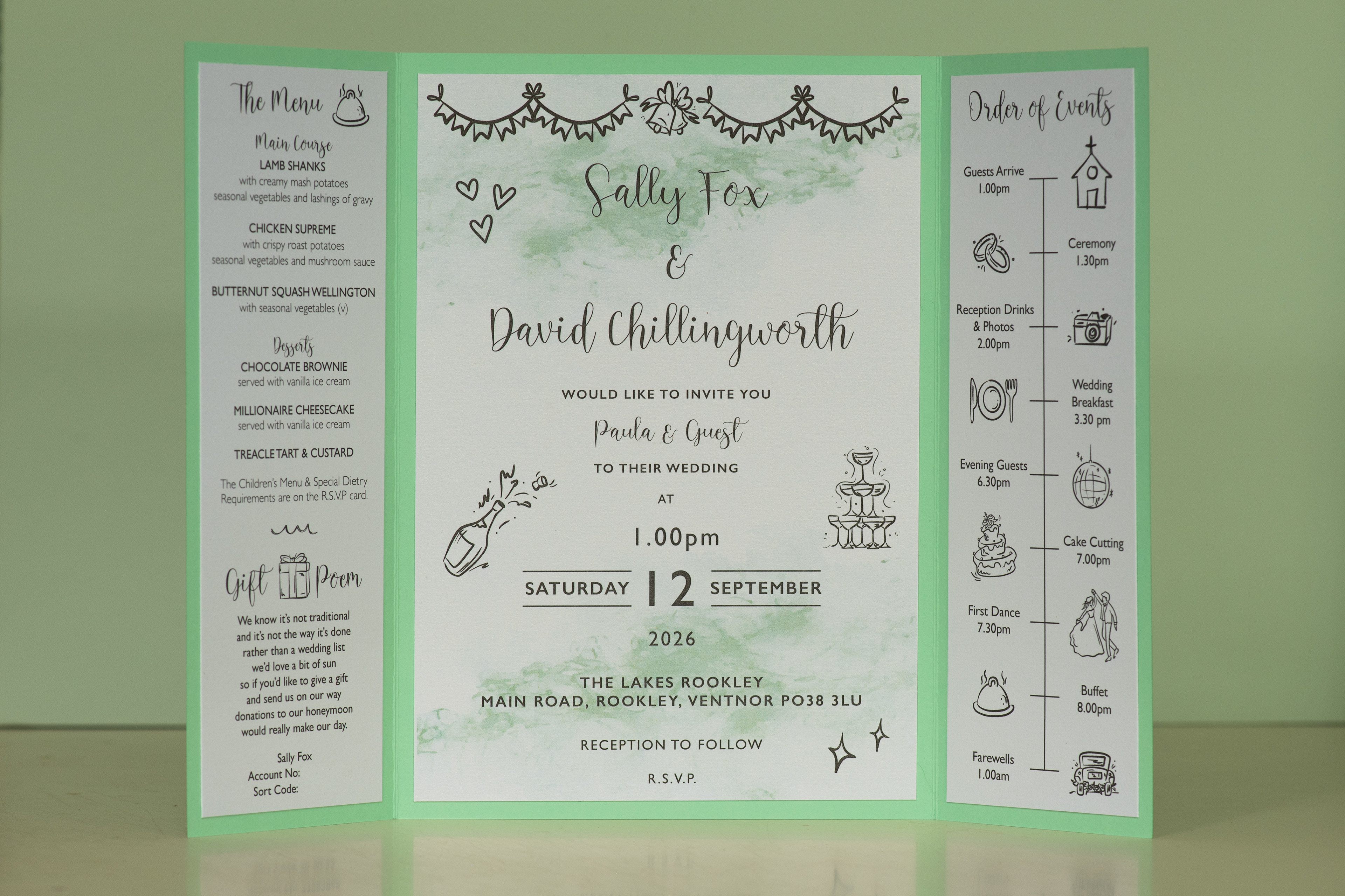 Open A5 Gate Fold Caricature Wedding Invitation displaying the Menu & Order of Events