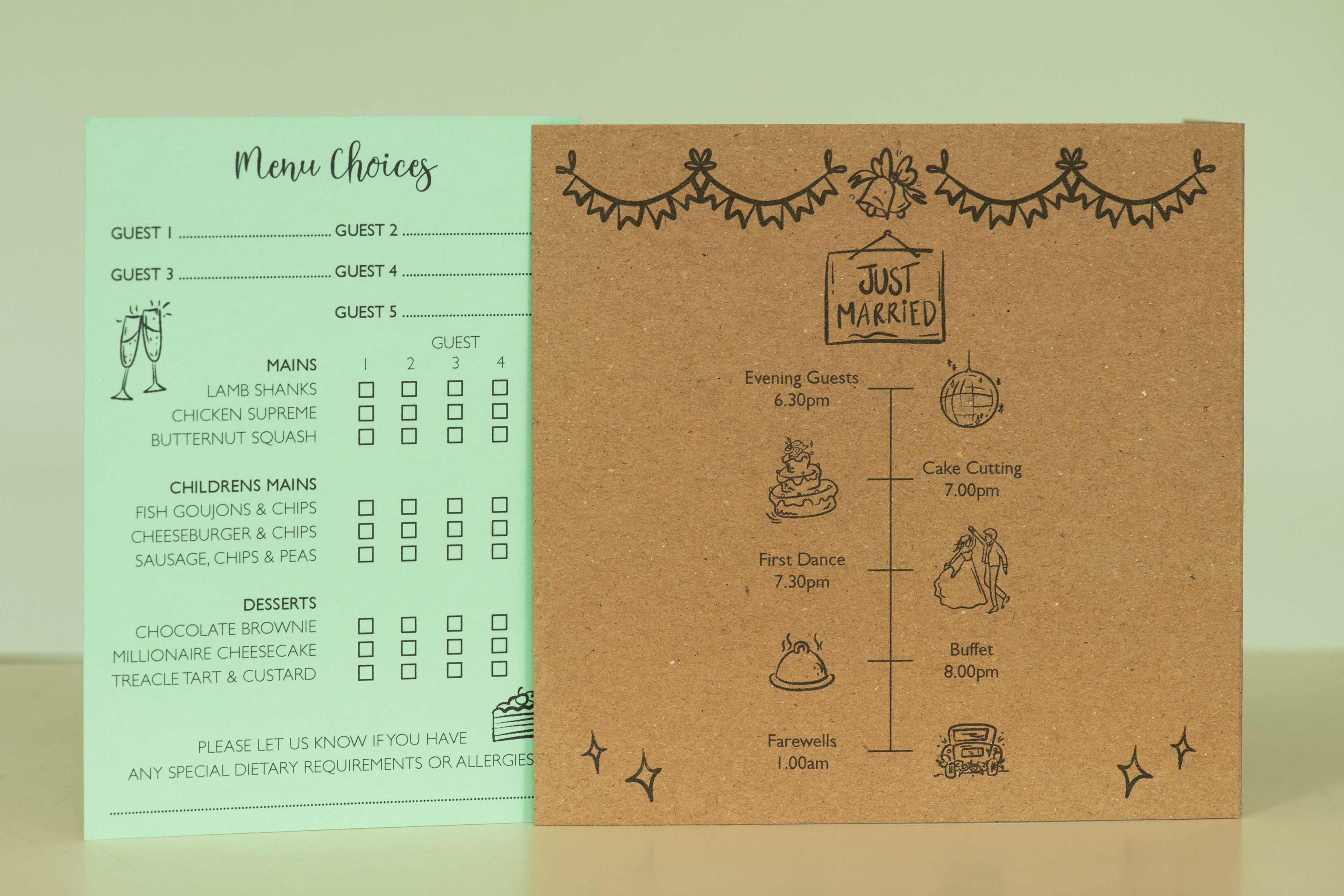  Back view of Caricature evening invite & RSVP Card showing menu choice details