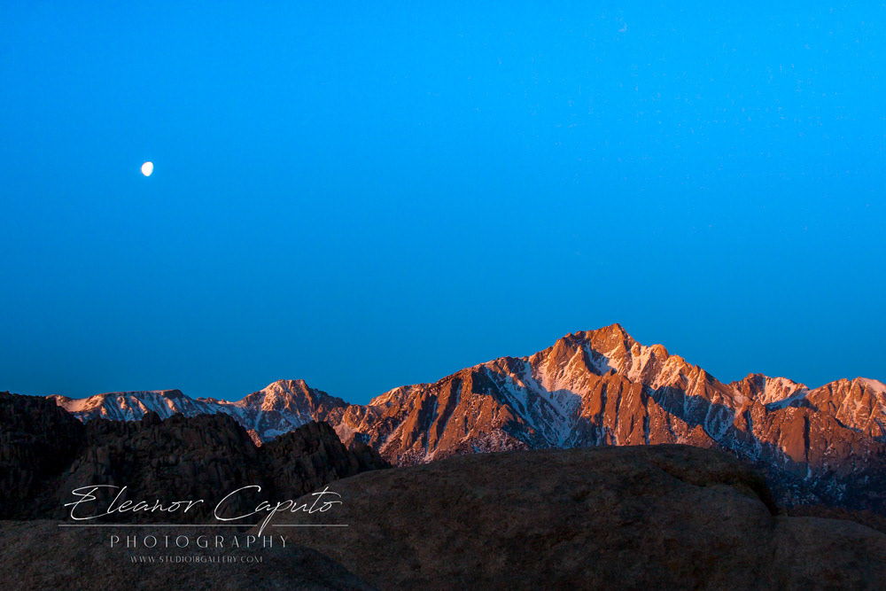 Mt Whitney at sunrise with 3/4 setting moon 2