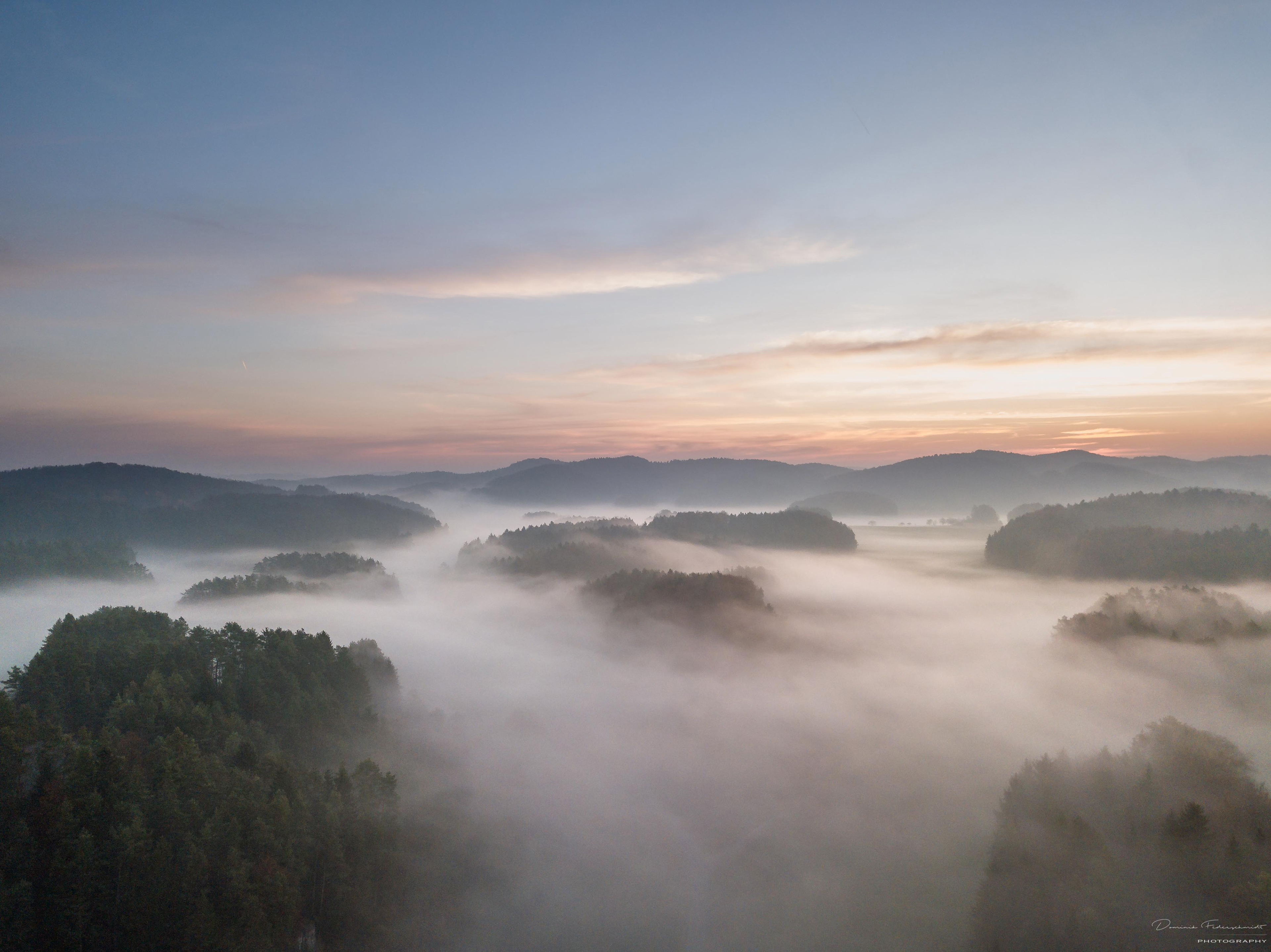 Drone, Sunrise, Fog