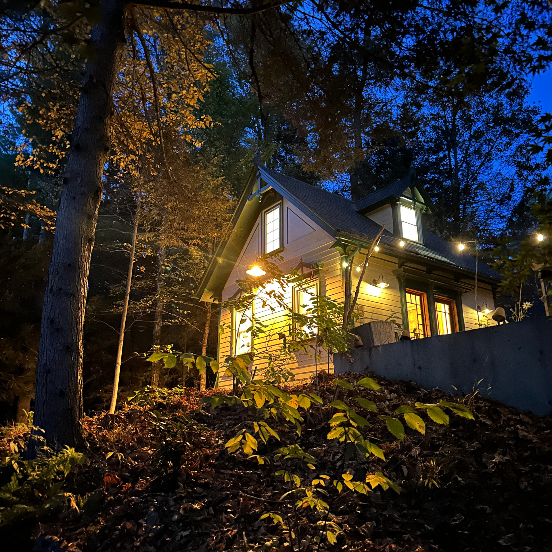 The cottage is well-lit as you make your way back from the river at night