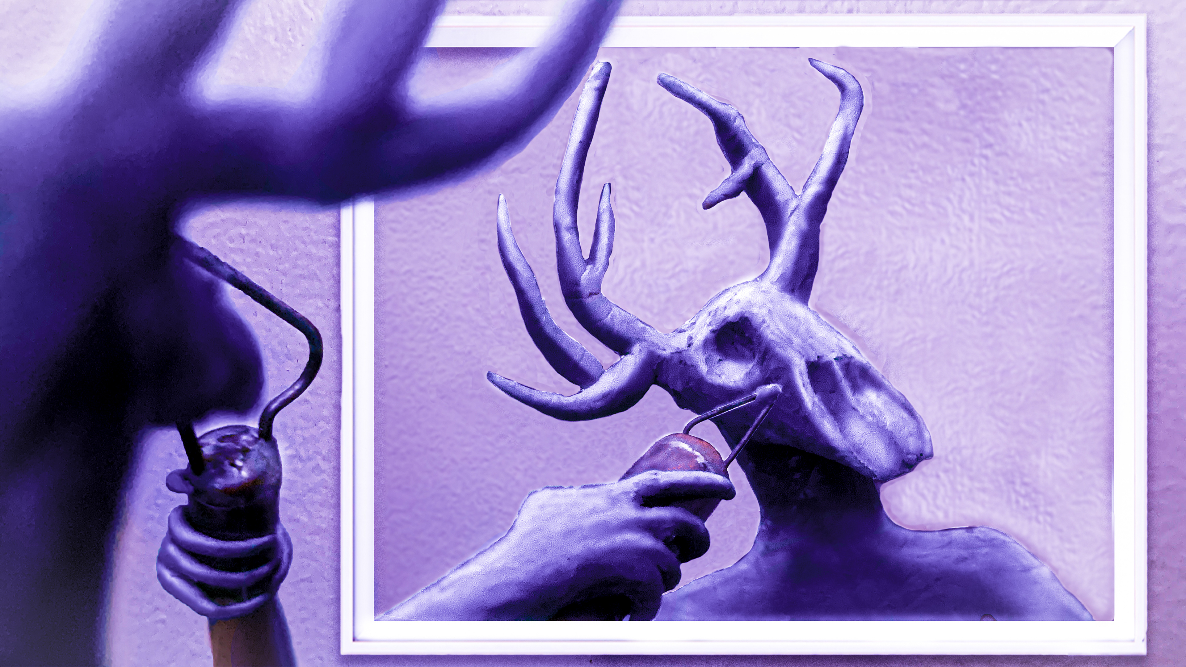 Sculped model Wendigo made of clay 'shaving' in the mirror, physical sculpting with additional edits made in Photoshop