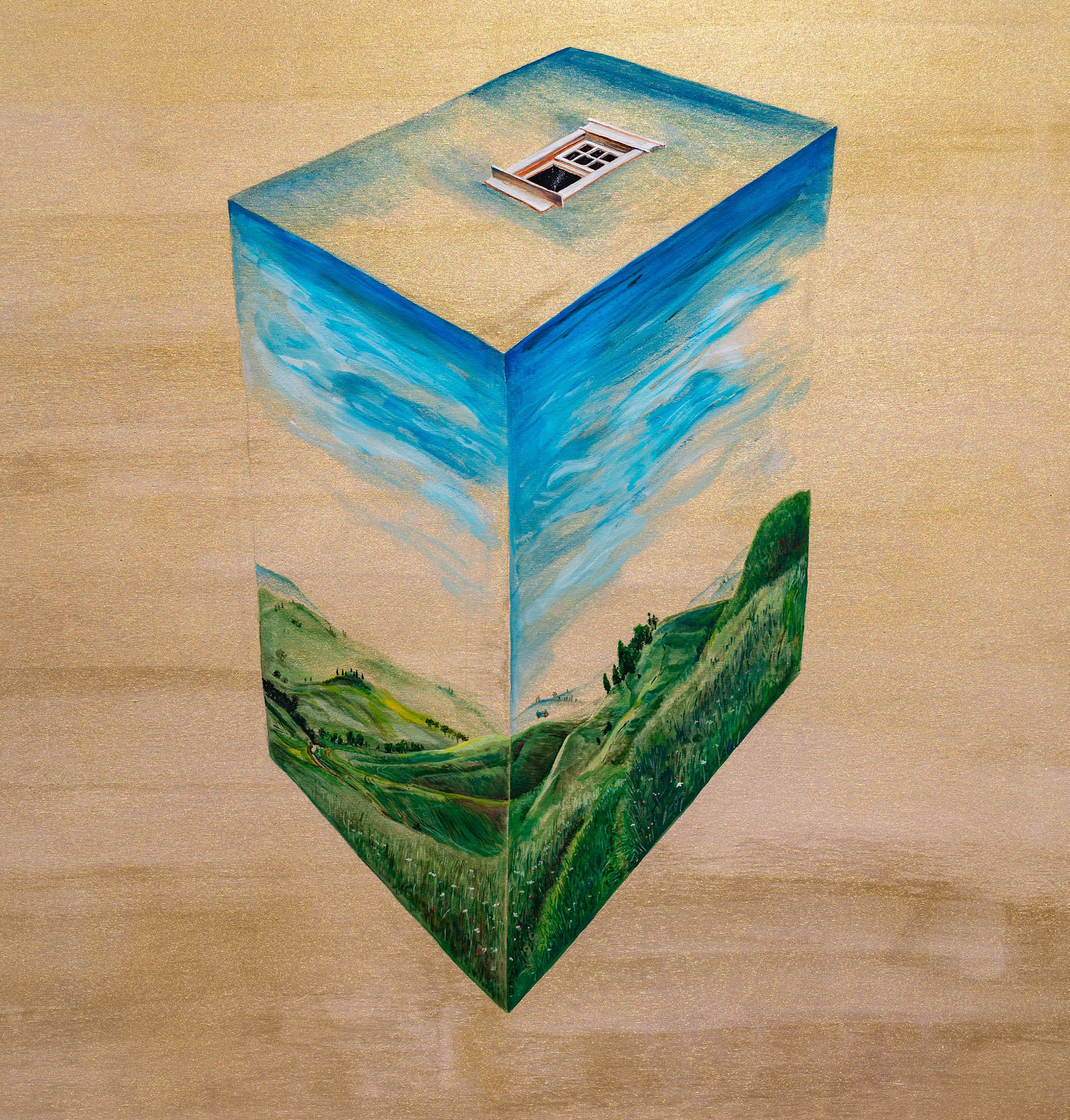 An acrylic painting I did two years before this project led me to develop this 3D scene with a similar spirit, which provides this kind of twisted space and perspective.