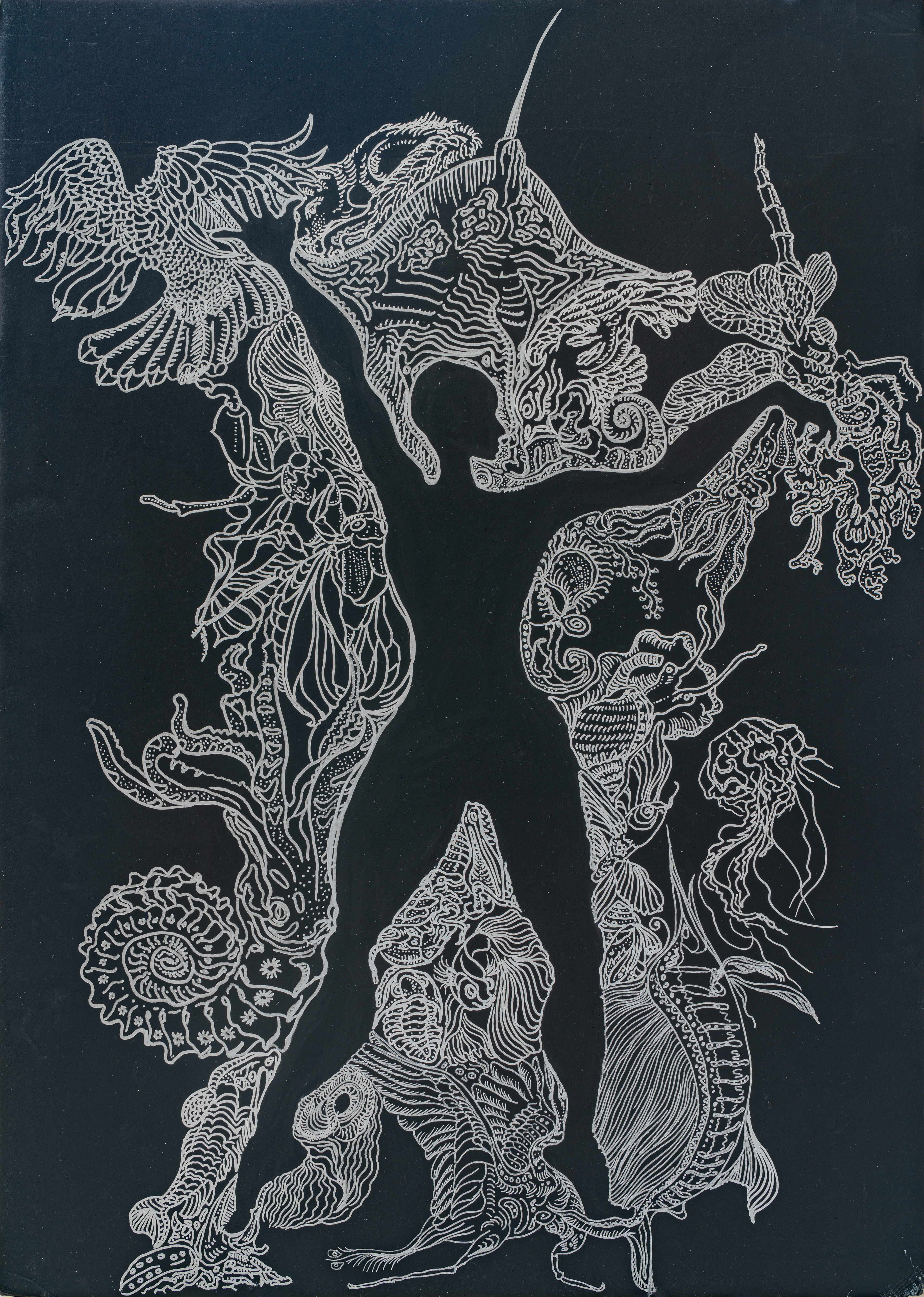 base layer: metallic silver liquid chrome marker on black foam board