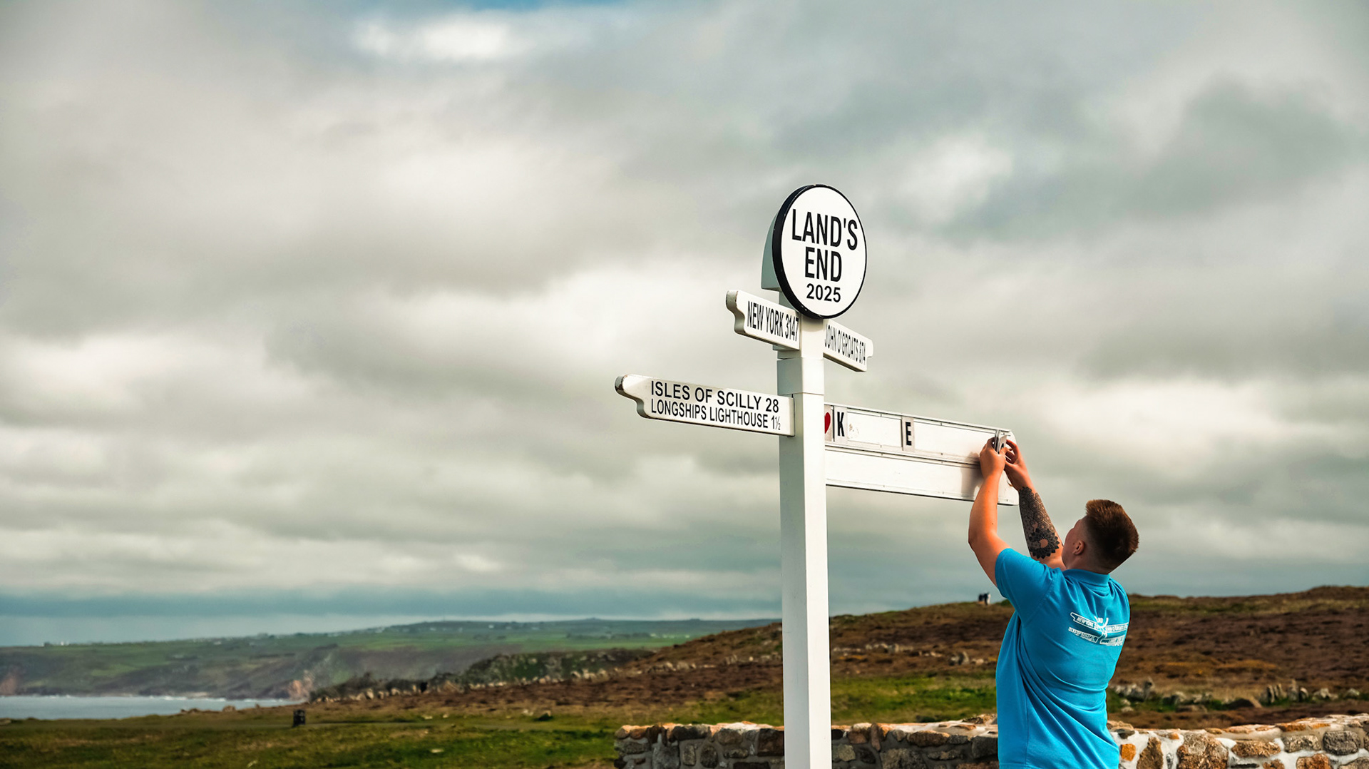 A symbolic moment at the iconic Land’s End signpost, where journeys begin, memories are etched, and horizons stretch beyond the sea.