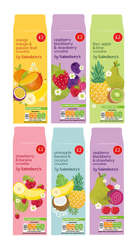 the image shows a range of six brightly coloured smoothie bottles in different flavours against a white background