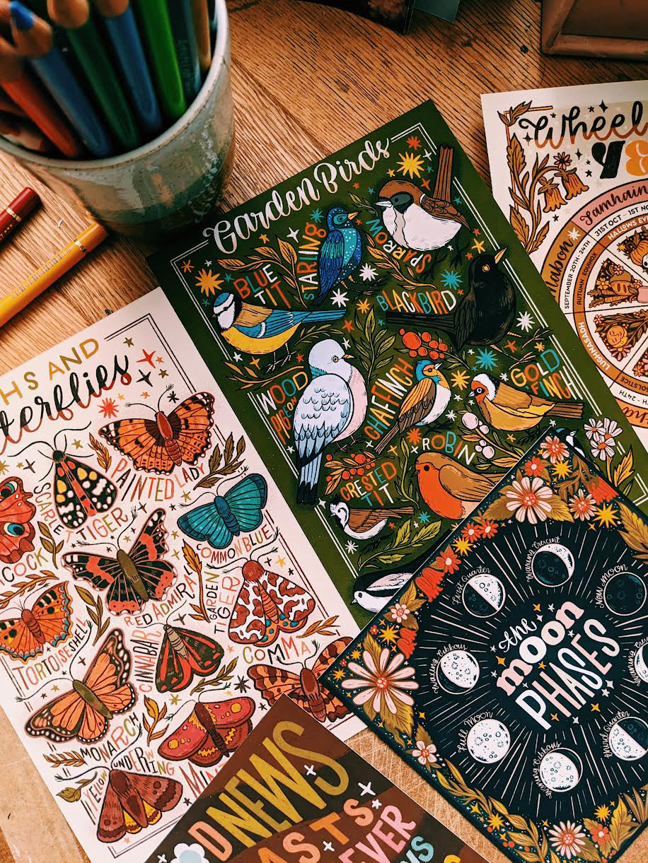 the image shows a selection of highly detailed and brightly coloured nature illustrations including moths, butterflies, garden birds, woodland plants and mushrooms