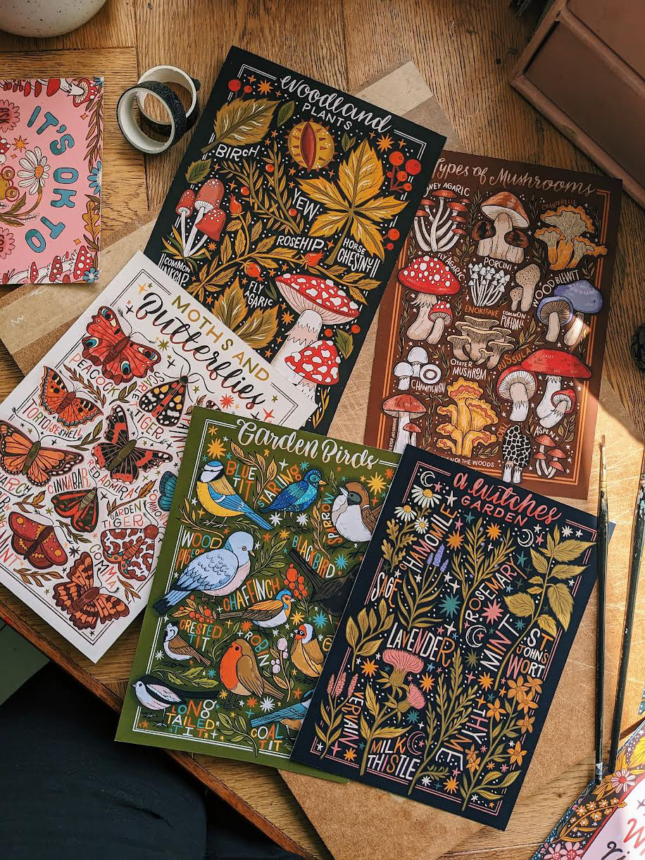 the image shows a selection of highly detailed and brightly coloured nature illustrations including moths, butterflies, garden birds, woodland plants and mushrooms